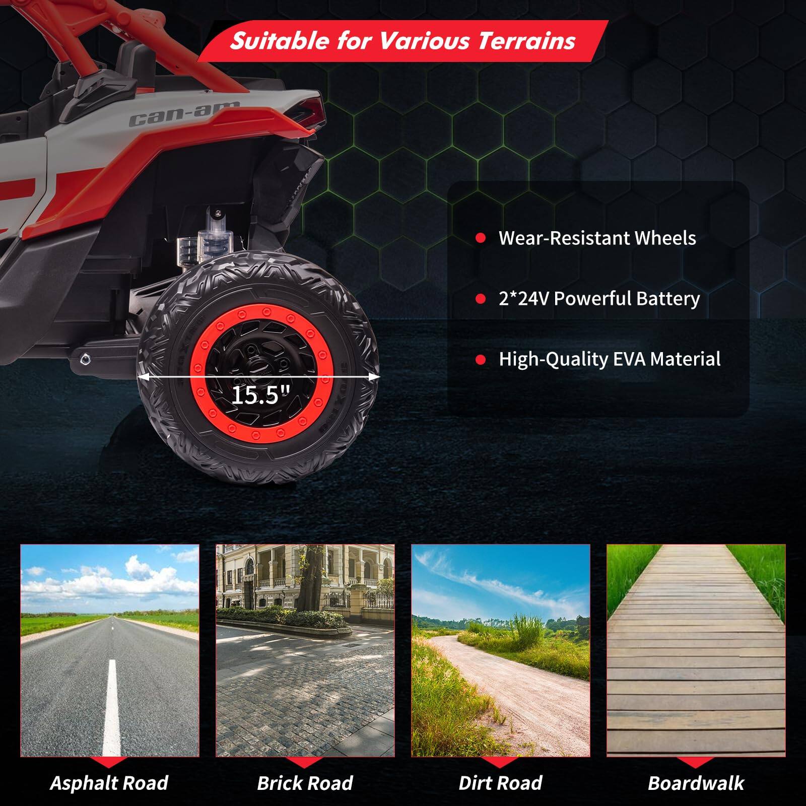 Suitable for Various Terrains

- Wear-Resistant Wheels
- 2*24V Powerful Battery
- High-Quality EVA Material

15.5"

Asphalt Road  
Brick Road  
Dirt Road  
Boardwalk