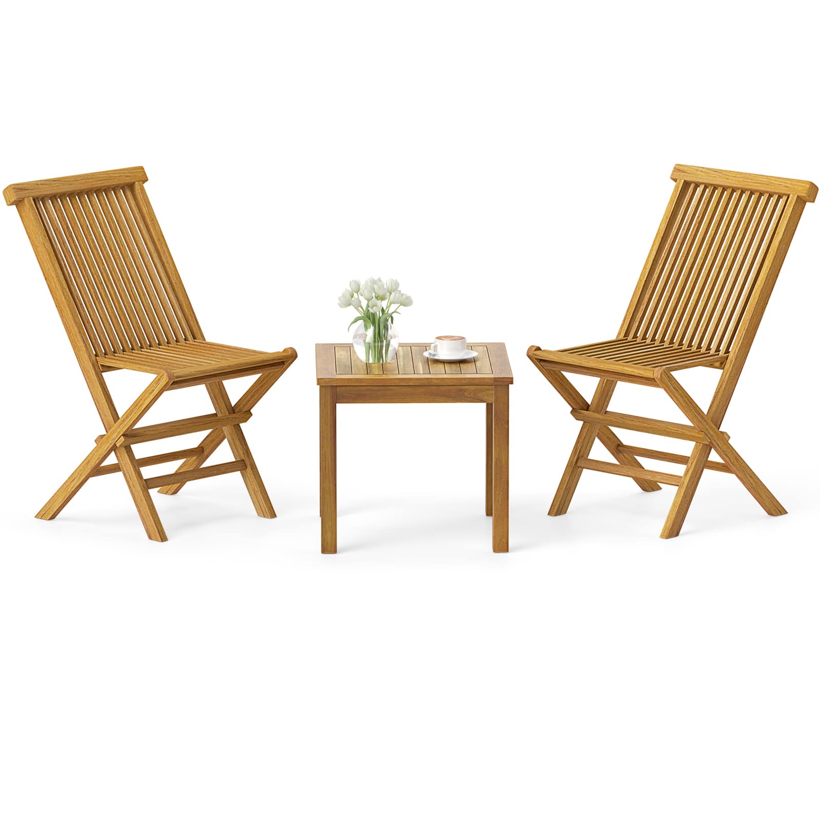 Gymax - 3 Piece Teak Wood Bistro Set w/ 2 Folding Chairs & Square Side Table Natural - Yellow