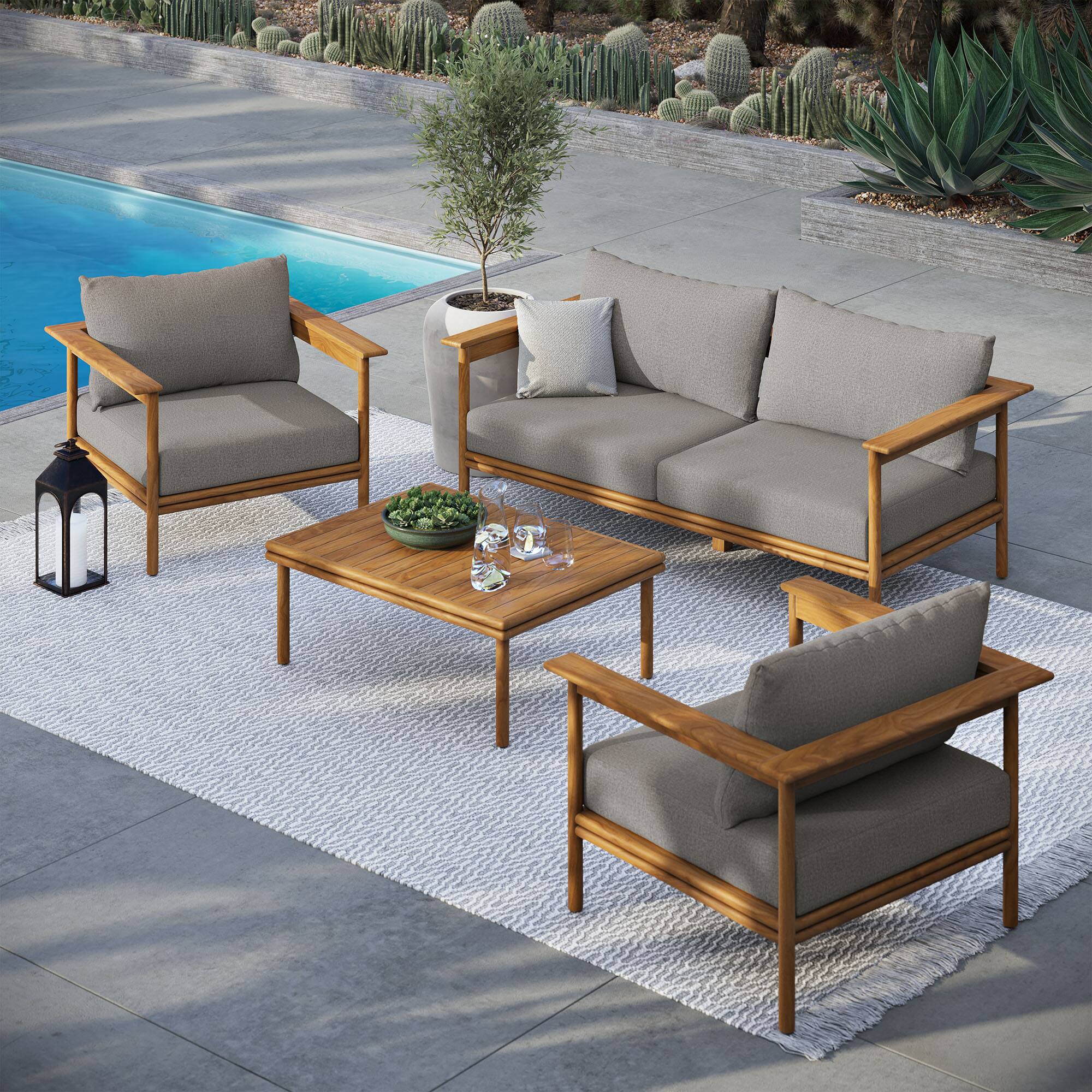 Alt View 5. Modway - Wren 4-Piece Teak Wood Outdoor Patio Furniture Set - Natural Driftwood.