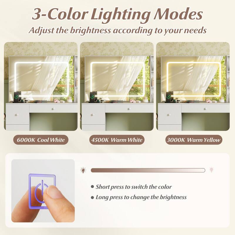3-Color Lighting Modes  
Adjust the brightness according to your needs

6000K Cool White  
4500K Warm White  
3000K Warm Yellow

Short press to switch the color  
Long press to change the brightness