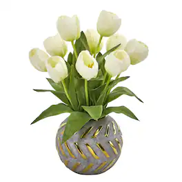 BreeBe - 15" Tulip Artificial Arrangement in Decorative Vase - White