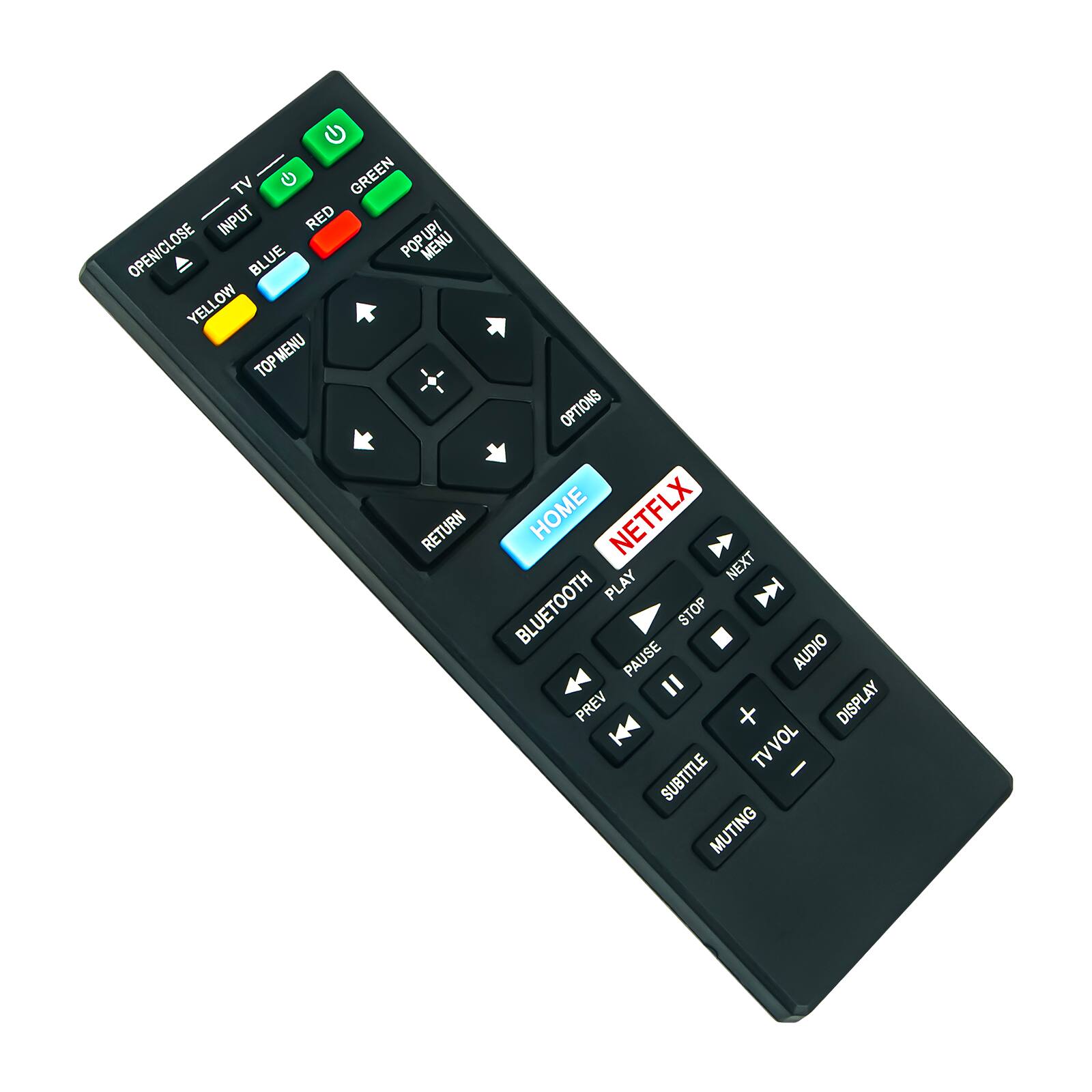 TV G GREEN INPUT RED OPEN/CLOSE POP UPI MENU BLUE YELLOW MENU TOP RETURN OPTIONS HOME NETFLIX NEXT PLAY BLUETOOTH STOP PAUSE AUDIO I PREV DISPLAY K TVVOL SUBTITLE MUTING