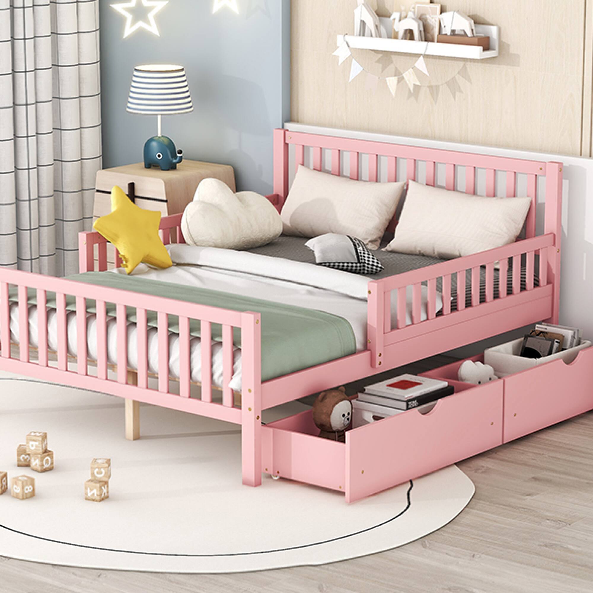 Alt View 7. GOODSILO - Full Size Wood Platform Bed with Guardrails, Storage Drawers, and Minimalist Headboard for Modern Bedrooms - Pink.