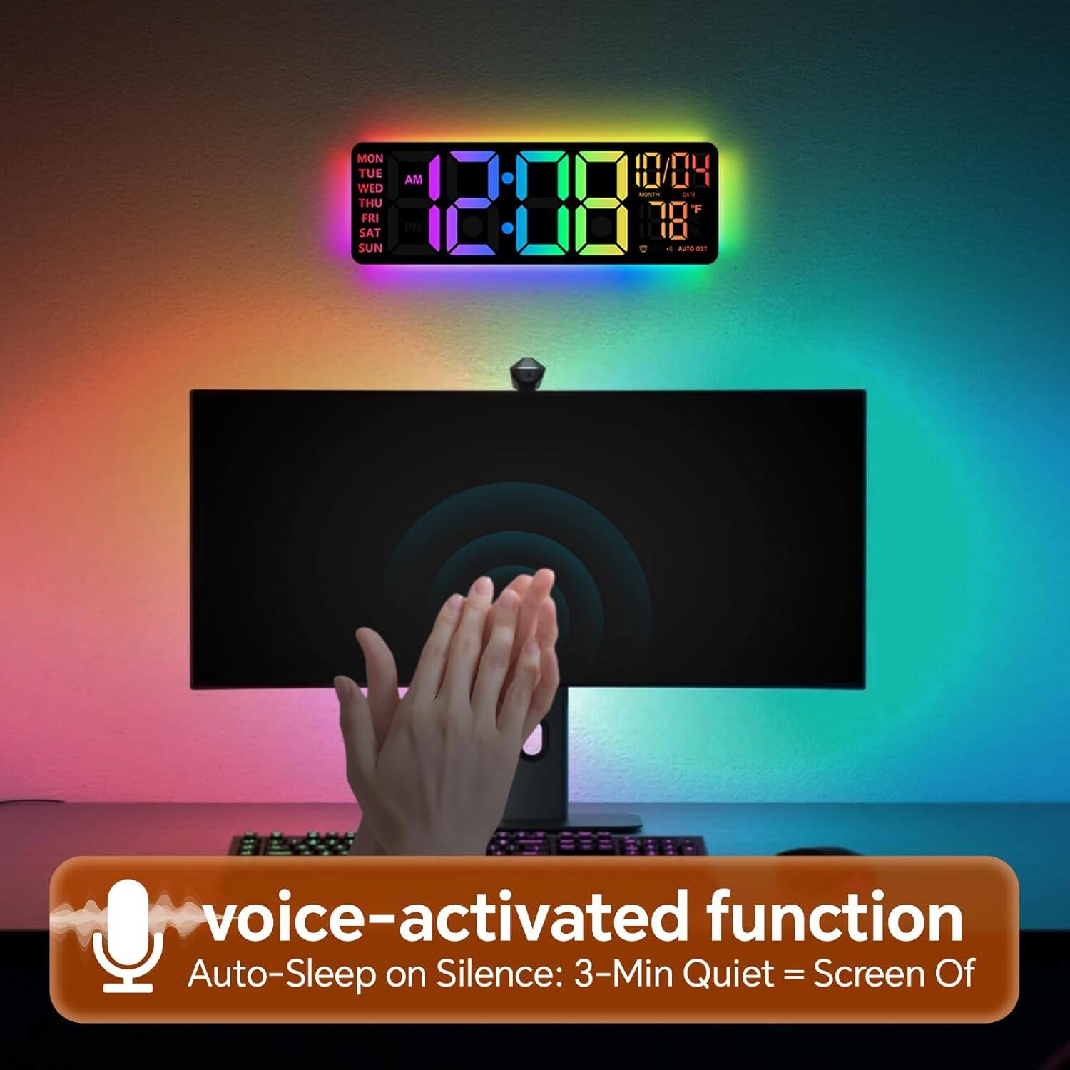 MON WED TUE AM 10/04 - . THU 12:08 FRI 78 SAT PM 10 SUN

Auto voice-activated function Auto-Sleep on Silence: 3-Min Quiet = Screen Off