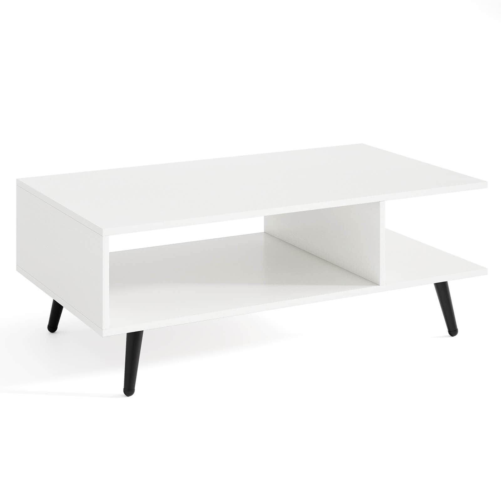 Costway - 2-Tier Coffee Table with Compartments & Metal Legs Rectangle Tea Cocktail Table - White & Black