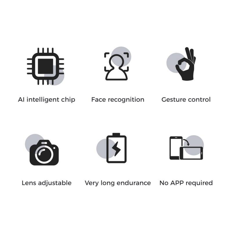AI intelligent chip  
Face recognition  
Gesture control  
Lens adjustable  
Very long endurance  
No APP required