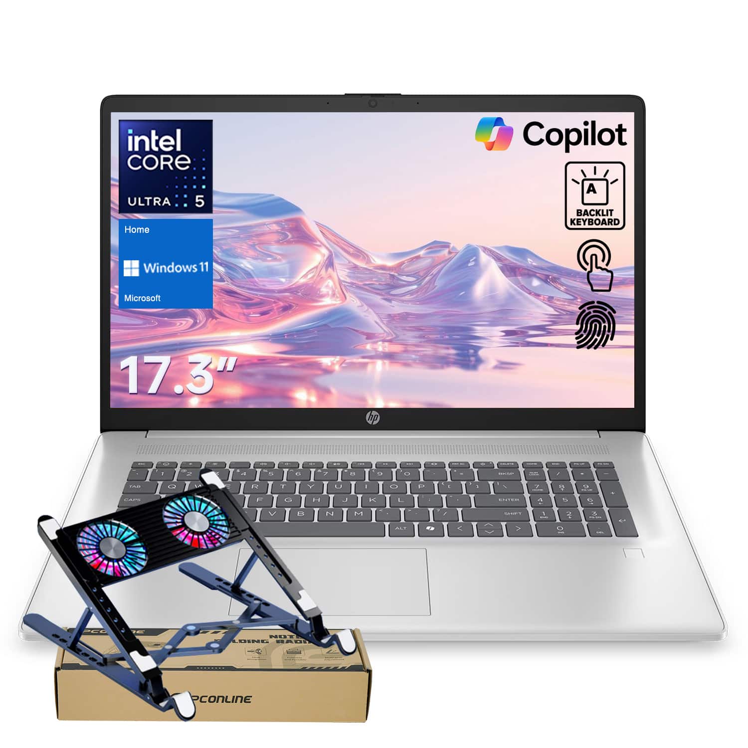 HP - 17.3" HD+ Touchscreen Laptop - Intel Core Ultra 5 255U 64GB RAM - 1TB SSD - Copilot & Backlit KB - PCO Laptop Cooler - Silver