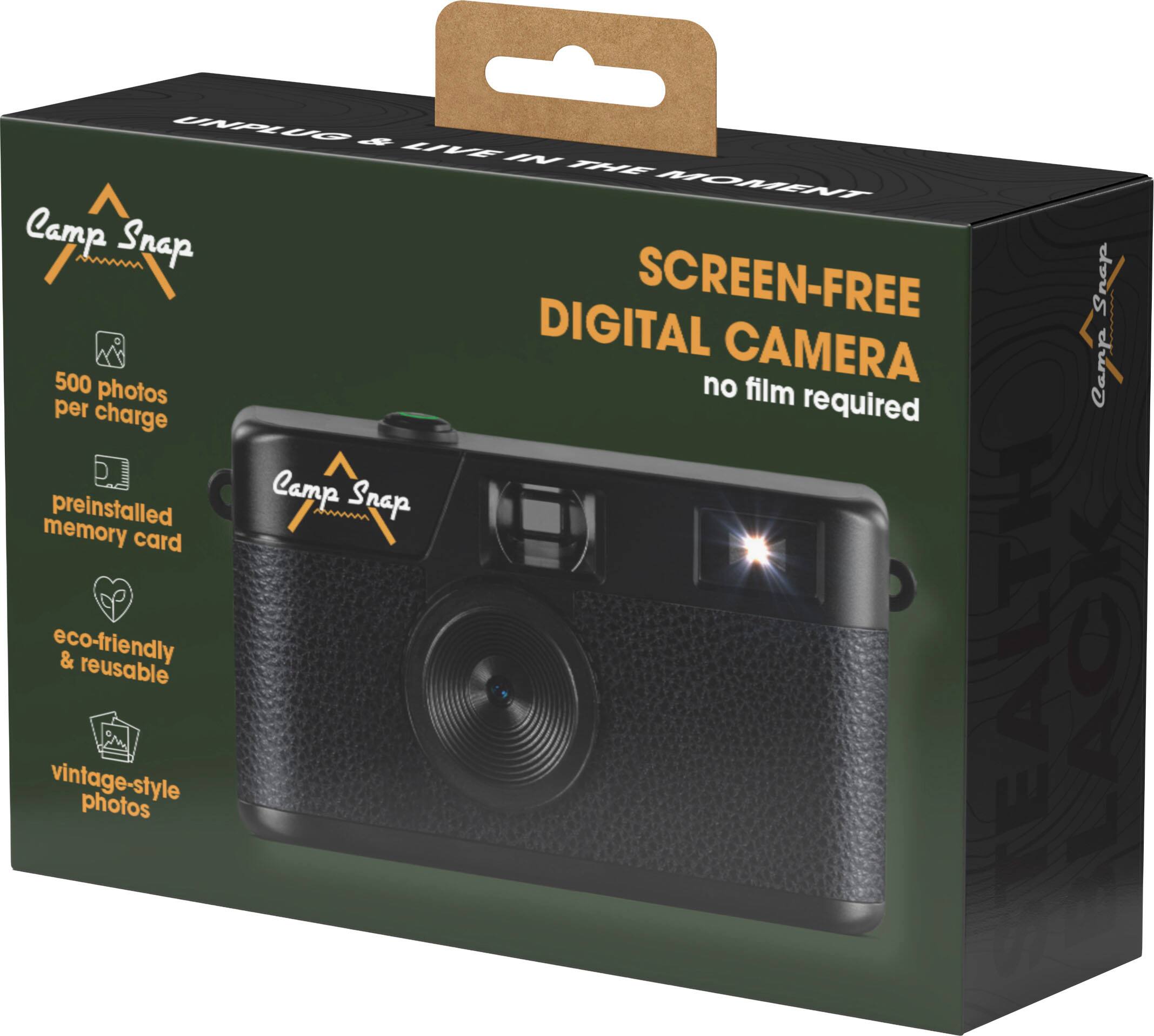 Sure, here is the corrected and grouped text from the image:

---

**Camp Snap**

**SCREEN-FREE DIGITAL CAMERA**  
no film required

- 500 photos per charge
- preinstalled memory card
- eco-friendly & reusable
- vintage-style photos

**UNPLUG & LIVE IN THE MOMENT**

---

This text is organized to reflect the key features and branding of the product.