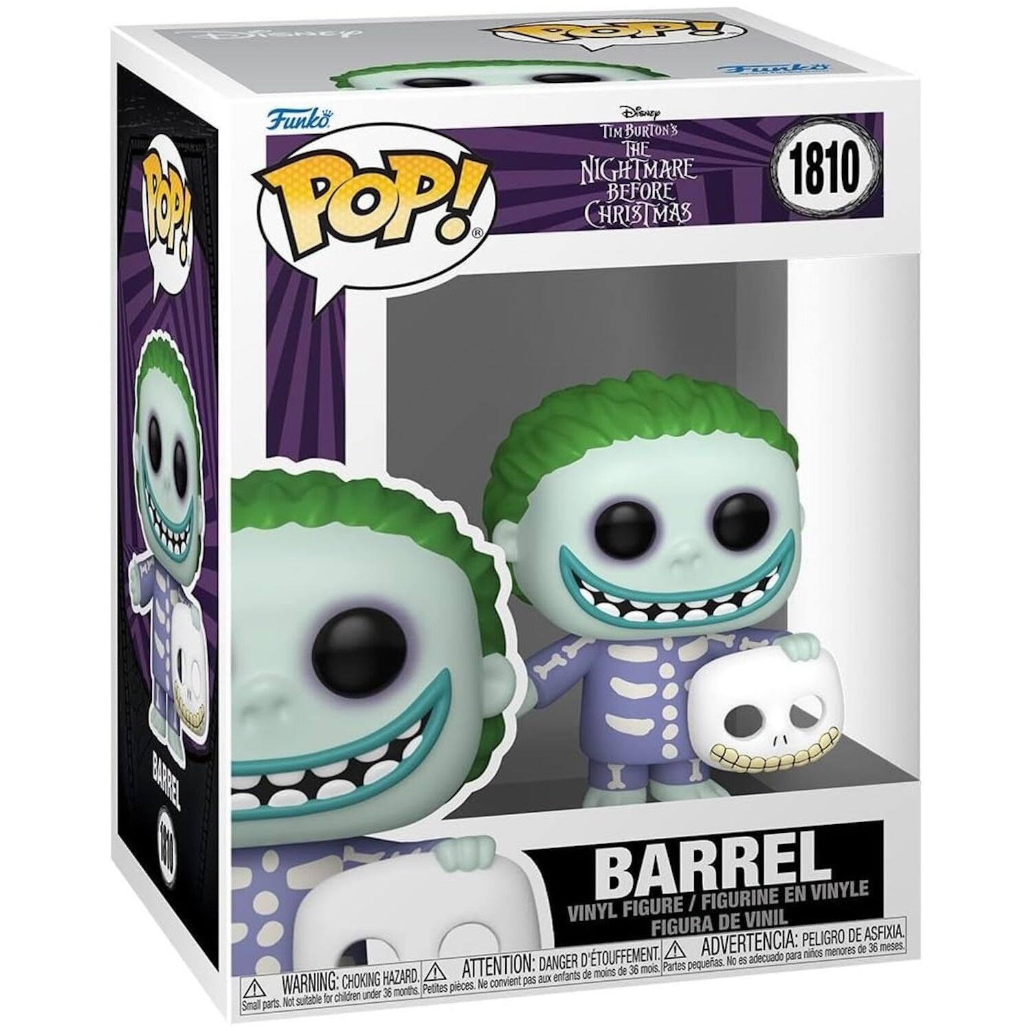 Disney  
POP! Funko  
Funko Disney TIM BURTON'S THE NIGHTMARE BEFORE CHRISTMAS  
1810  
BARREL FIGURE / FIGURINE EN VINYLE VINYL DE VINIL FIGURA DE VINIL  
FIGURA DE VINIL  
WARNING: CHOKING HAZARD. Small parts. Not suitable for children under 36 months.  
ATTENTION: DANGER D'ÉTOUFFEMENT. Petites pièces. Ne convient pas aux enfants de moins de 36 mois.  
ADVERTENCIA: PELIGRO DE ASFIXIA. Piezas pequeñas. No es adecuado para niños menores de 36 meses.