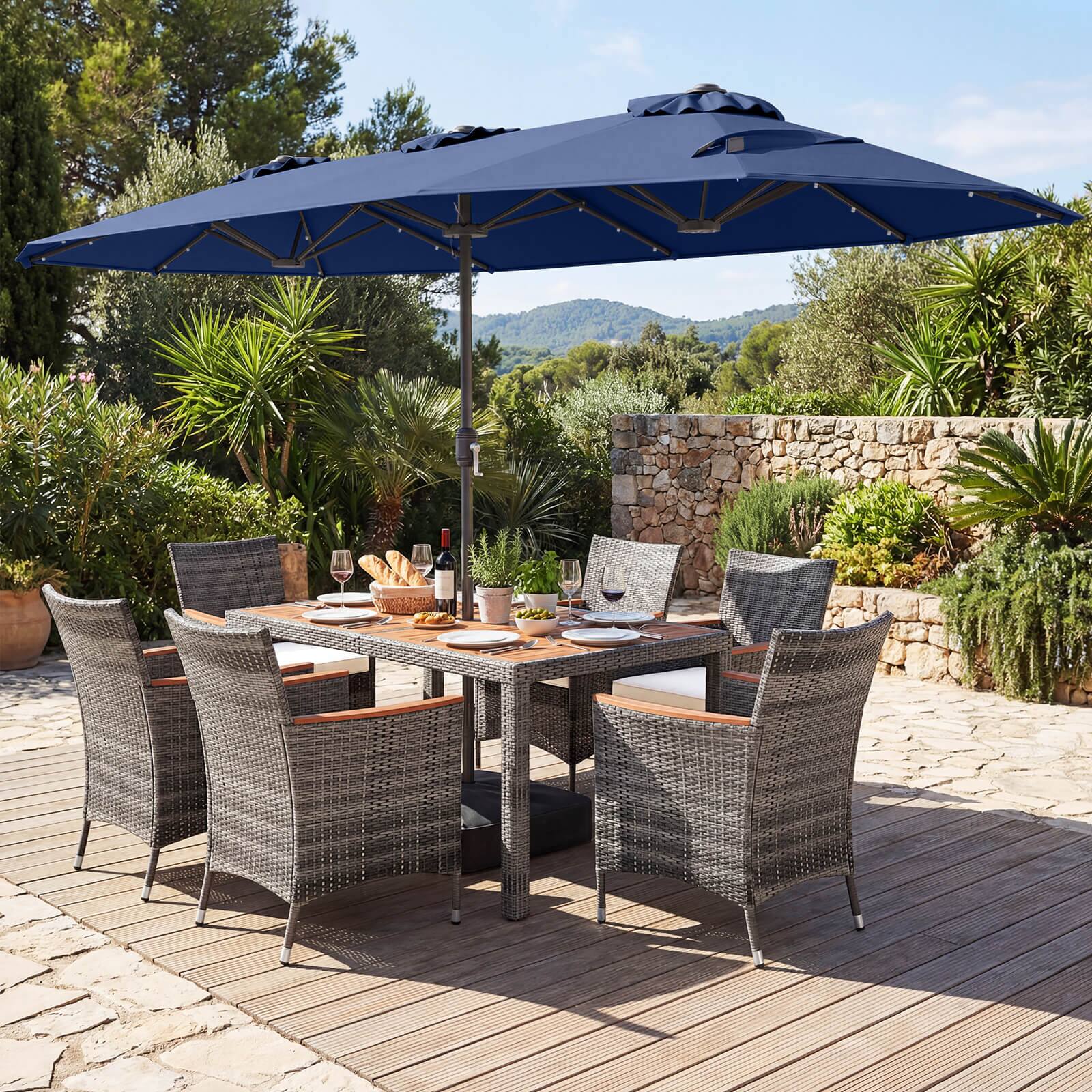 Alt View 4. Costway - Costway 8 PCS Outdoor Wicker Dining Furniture & Double-Sided Umbrella with Solar LED Lights - Navy + Mix Gray.