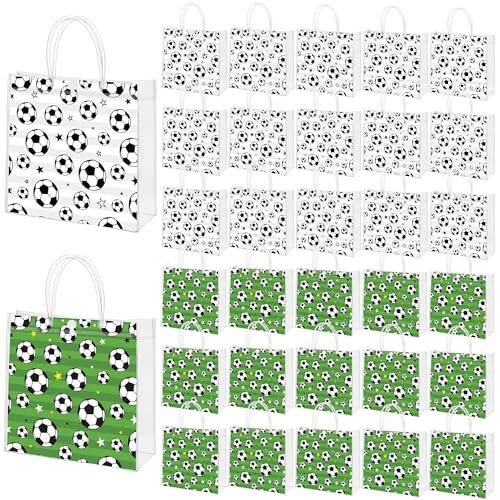 Front. ESBANY - 30 Pieces Soccer Clear PVC Gift Bags with Handles 8 x 8 x 3.15 Inch Soccer Theme Goodie Bags Sport Themed Favor Treat - Clear.