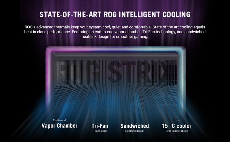 STATE-OF-THE-ART ROG INTELLIGENT COOLING

ROG's advanced thermals keep your system cool, quiet and comfortable. State of the art cooling equals best in class performance. Featuring an end-to-end vapor chamber, Tri-Fan technology, and sandwiched heatsink design for smoother gaming.

- End-to-end Vapor Chamber
- Tri-Fan Technology
- Sandwiched Heatsink design
- Up to 15°C cooler CPU Temperatures