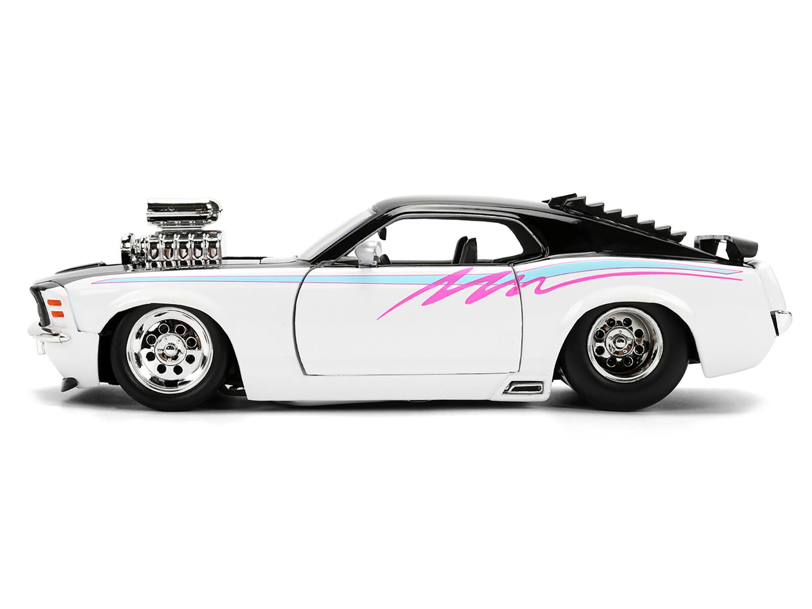 Left. Jada - 1970 Ford Mustang Boss 429 Black and White with Graphics "Bigtime Muscle" Series 1/24 Diecast Model Car by Jada - Black and White.