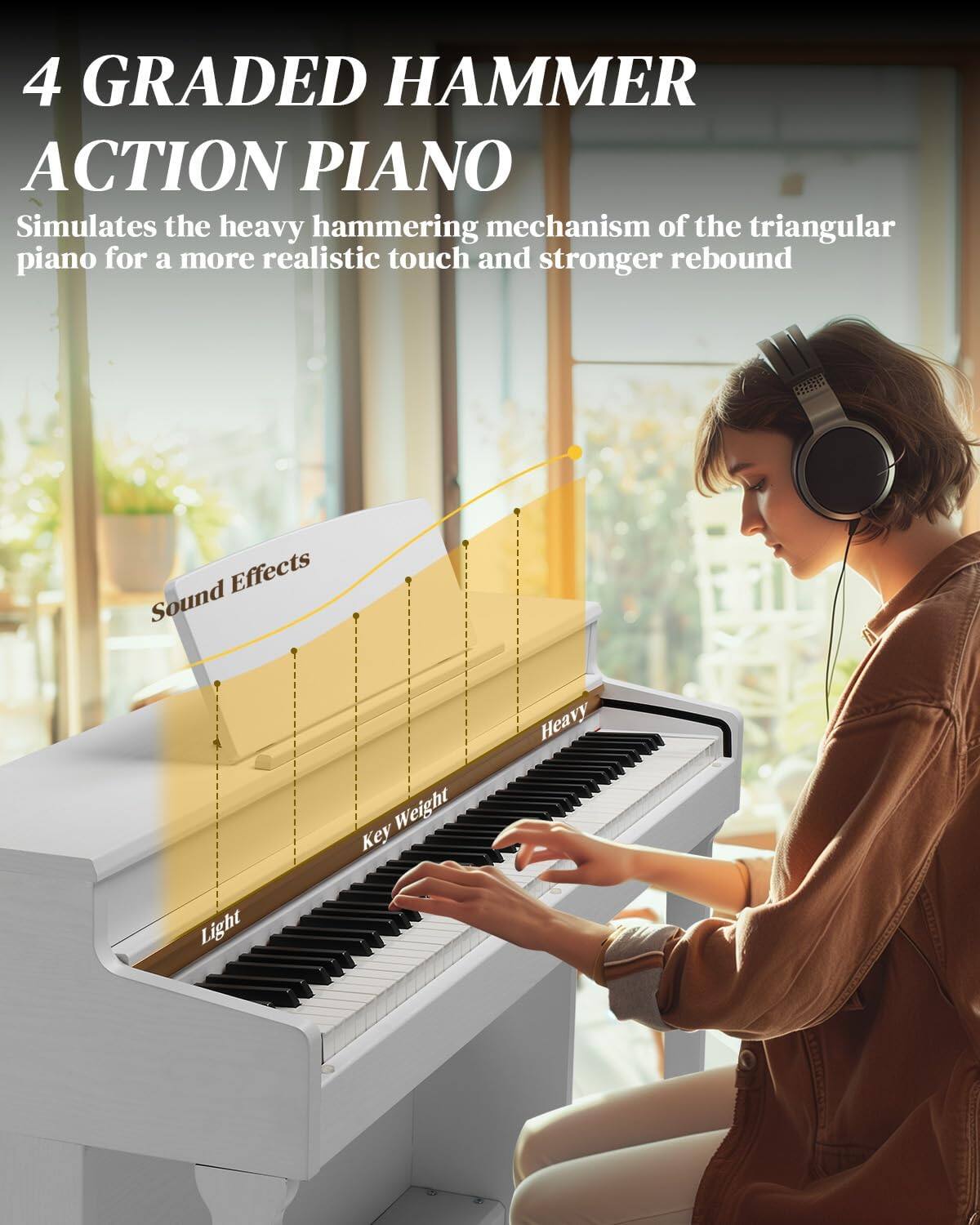 4 GRADED HAMMER ACTION PIANO  
Simulates the heavy hammering mechanism of the triangular piano for a more realistic touch and stronger rebound  

Effects  
Sound  
Light  
Key Weight  
Heavy