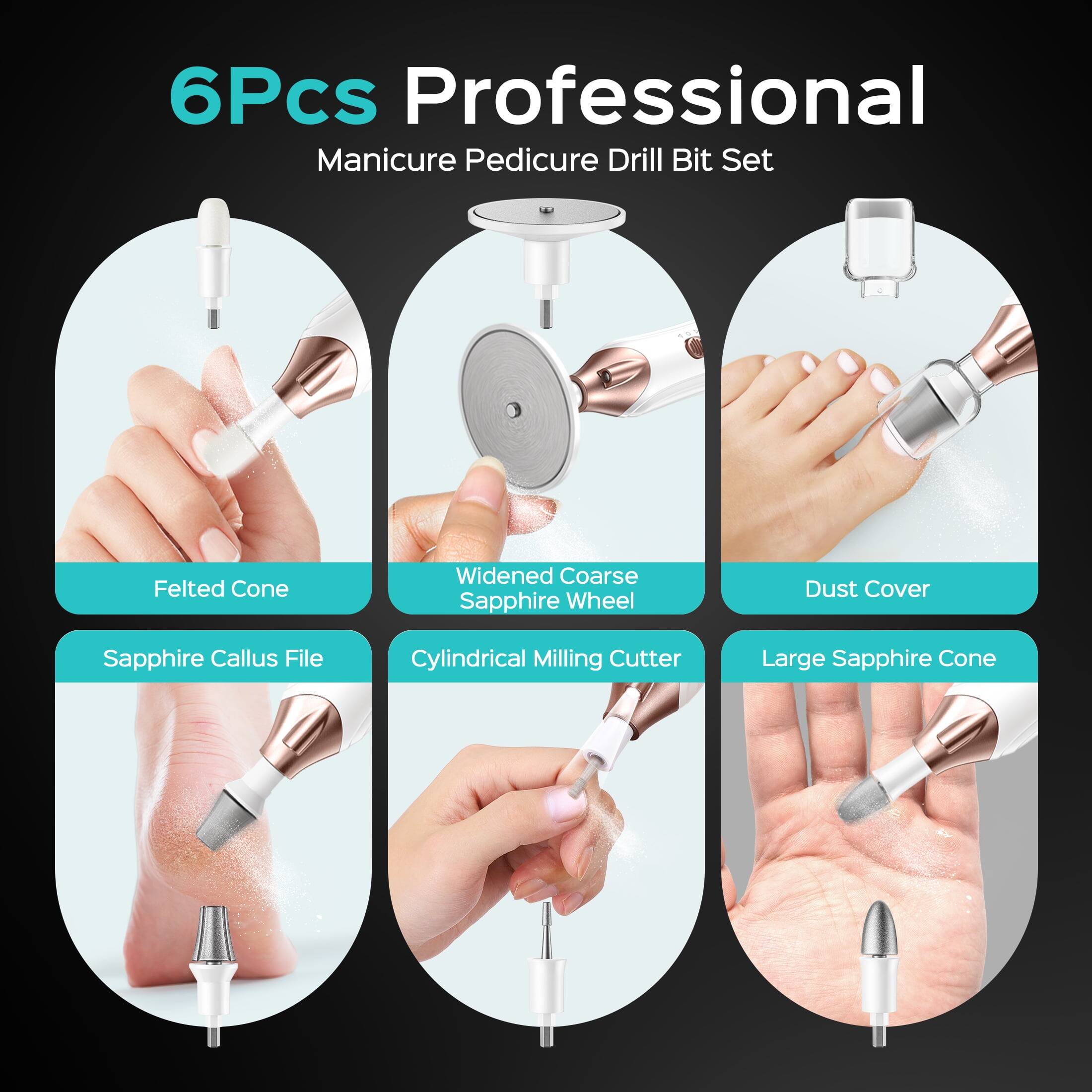 6Pcs Professional Manicure Pedicure Drill Bit Set

- Felted Cone
- Sapphire Callus File
- Widened Coarse Sapphire Wheel
- Cylindrical Milling Cutter
- Dust Cover
- Large Sapphire Cone