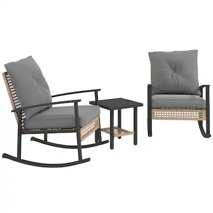 Front. Spaco - Spaco 3-Piece Wicker Set, Rocking Chairs with Tufted Cushions,Coffee Table - Grey.
