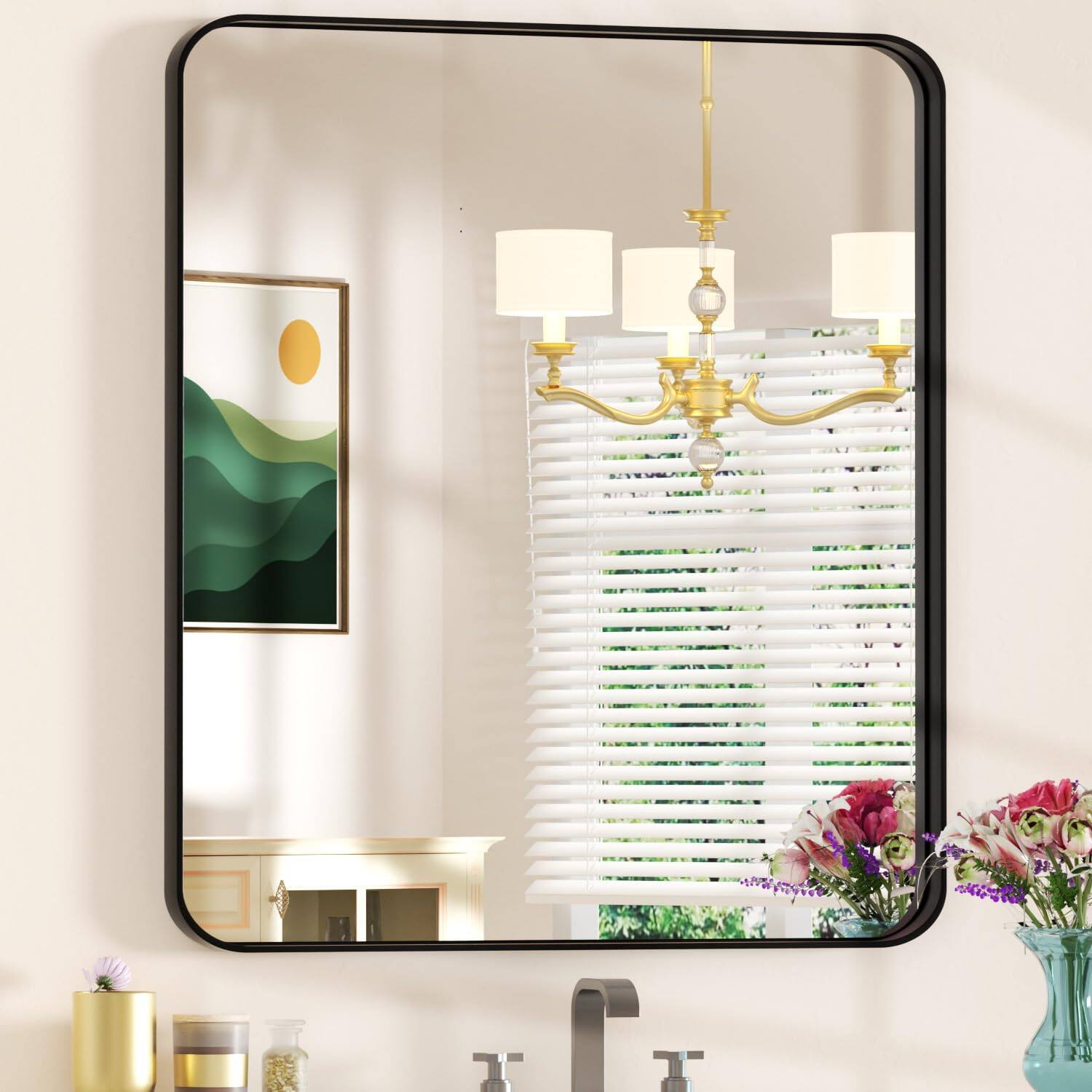 Front. Hirose Alice - Bathroom Mirror For Over Sink 22 Vanity Wall Mounted With Matte Aluminum Frame Rounded Corners Shatterpro....