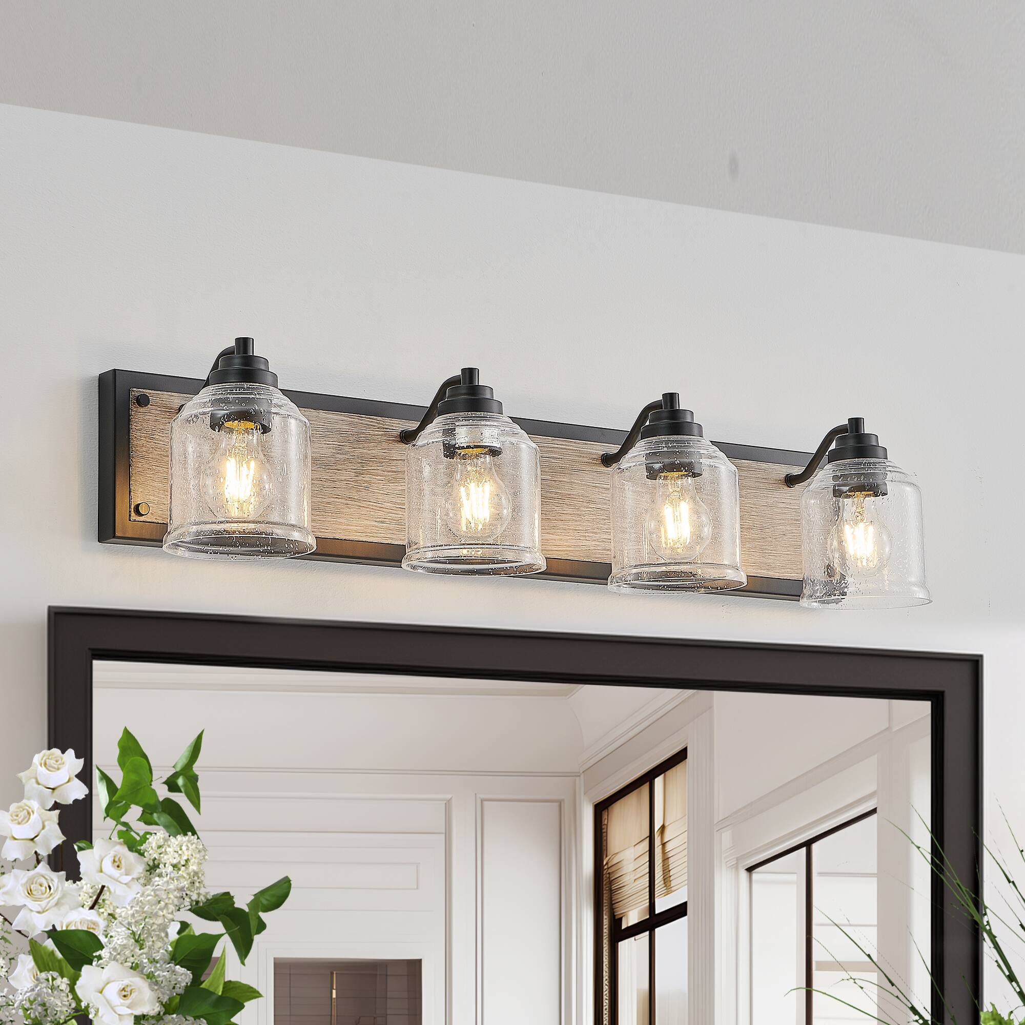 Back. APRILSOUL - 32 Inch Vanity Light Fixture 4-Light Bathroom Wall Sconce with Clear Seeded Glass Shades Black and Wood Grain No Bulbs.