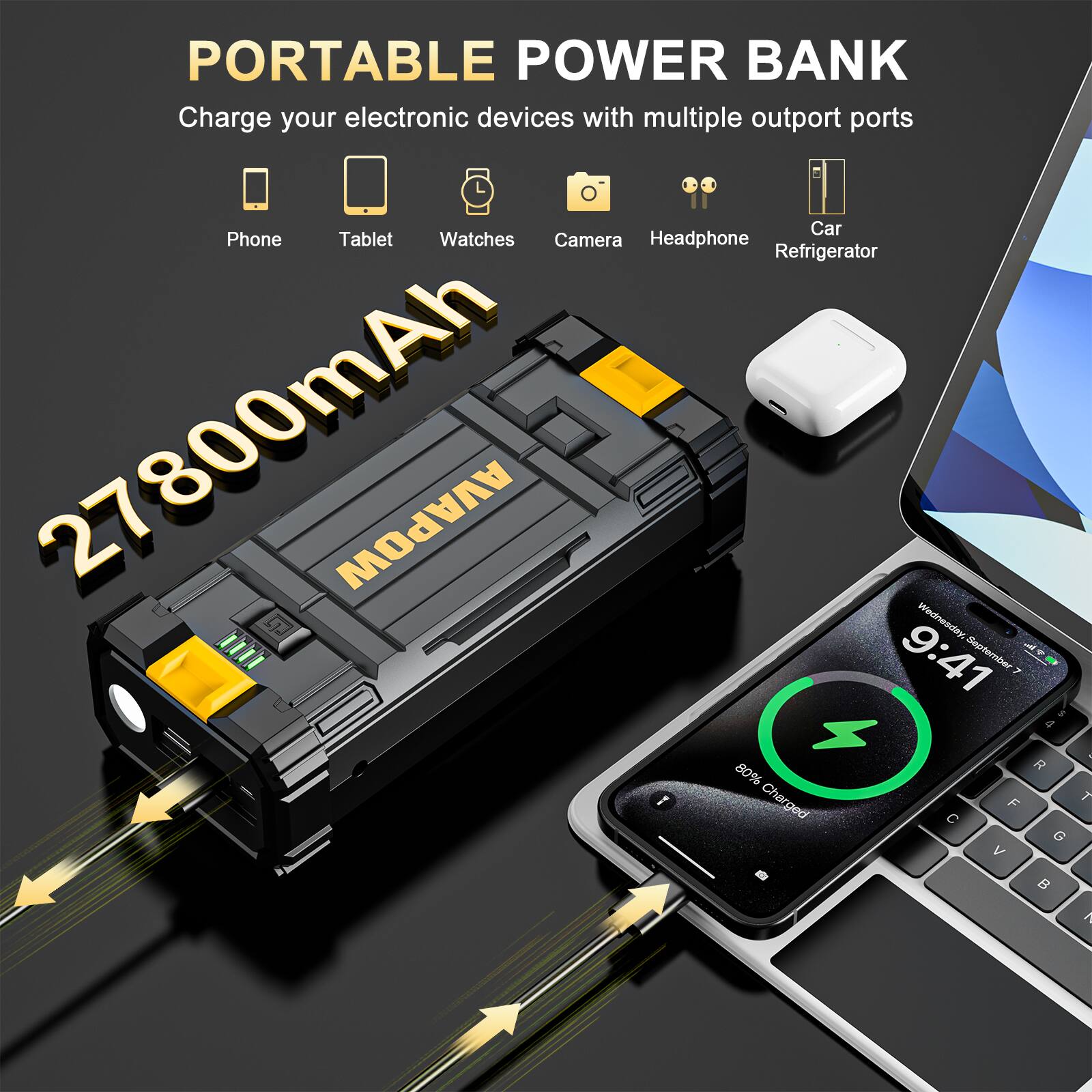 PORTABLE POWER BANK  
Charge your electronic devices with multiple output ports  
Car Phone Tablet Watches Camera Headphone Refrigerator  
27800mAh  
AVAPOW  

Wednesday, September 7  
9:41  
80% Charged