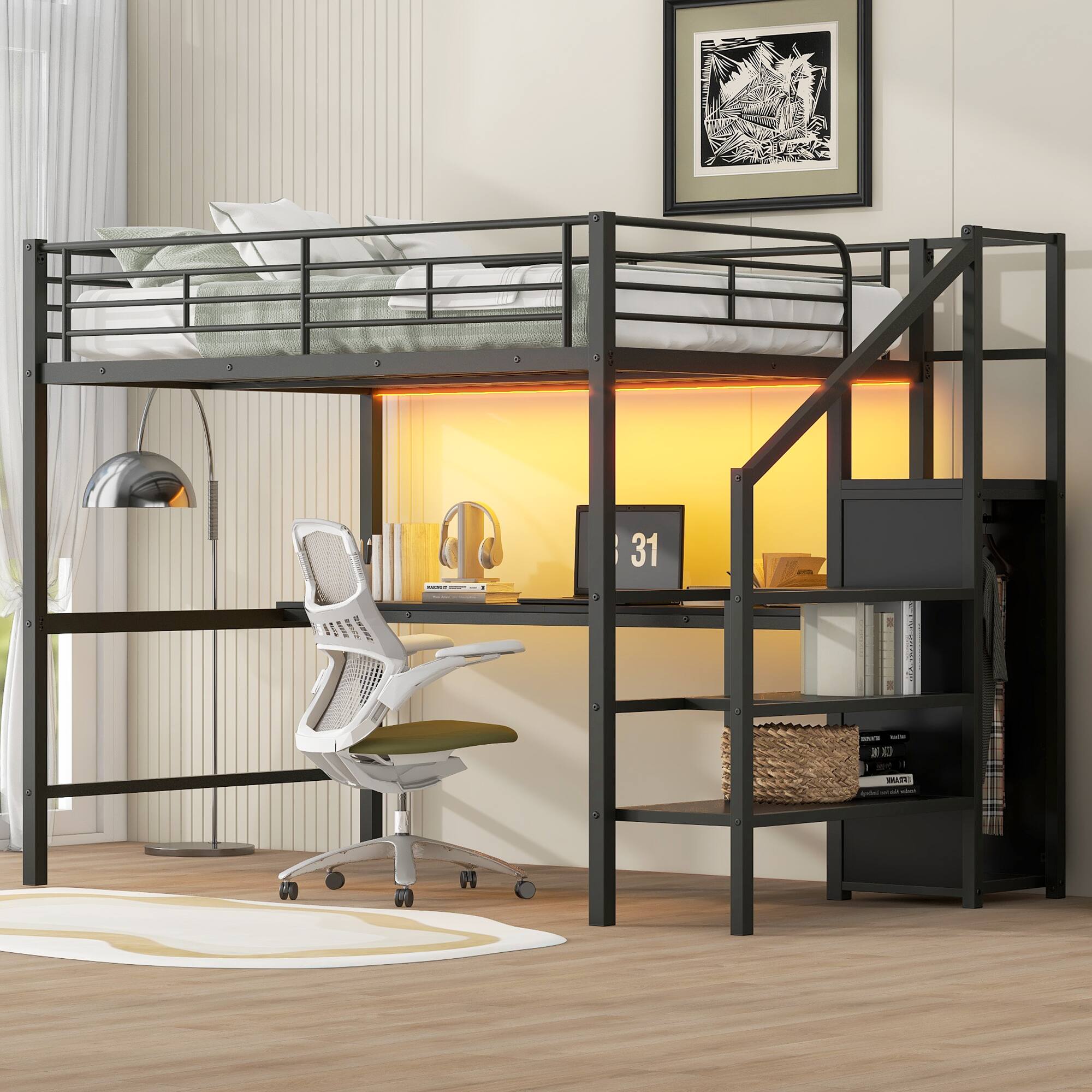 Angle. Anysun - Full Size Metal Loft Bed with Desk, Storage Staircase, Wardrobe & LED Light, Space-Saving Bed for Kids Room or Bedroom - Black.