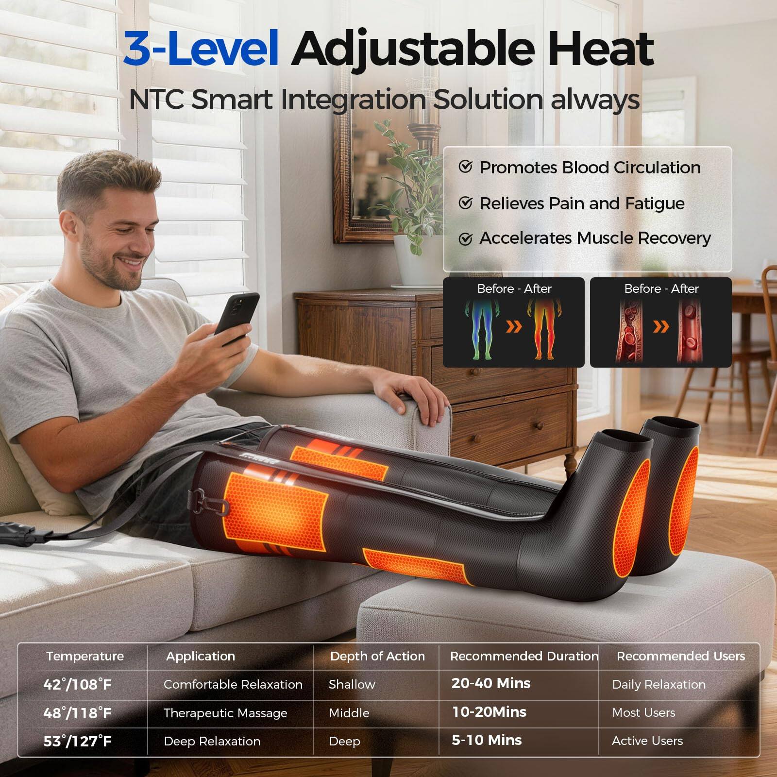 3-Level Adjustable Heat NTC Smart Integration Solution always Promotes Blood Circulation Relieves Pain and Fatigue Accelerates Muscle Recovery

Before - After

Temperature | Application | Depth of Action | Recommended Duration | Recommended Users
--- | --- | --- | --- | ---
42/108°F | Comfortable Relaxation | Shallow | 20-40 Mins | Daily Relaxation
48/118°F | Therapeutic Massage | Middle | 10-20 Mins | Most Users
53/127°F | Deep Relaxation | Deep | 5-10 Mins | Active Users