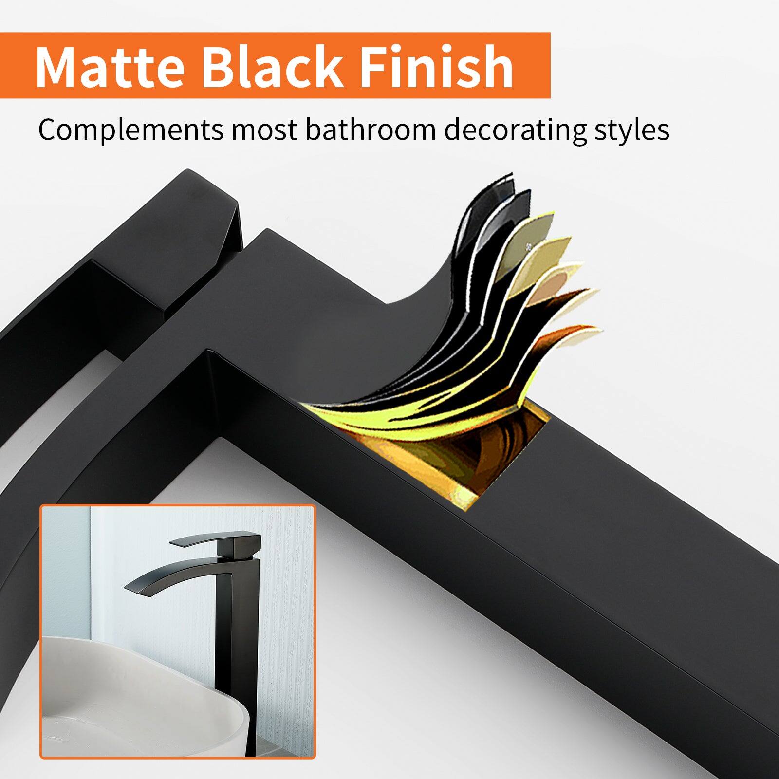 Matte Black Finish  
Complements most bathroom decorating styles