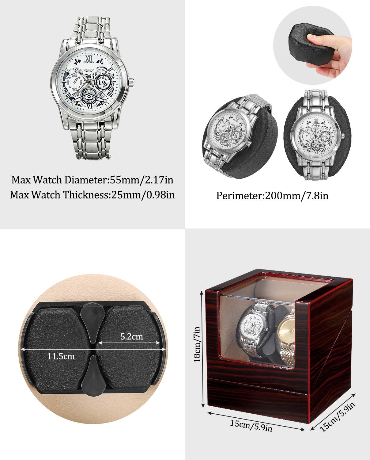 Max Watch Diameter: 55mm/2.17in  
Max Watch Thickness: 25mm/0.98in  
Perimeter: 200mm/7.8in  

11.5cm  
5.2cm  

18cm/7in  
15cm/5.9in  
15cm/5.9in