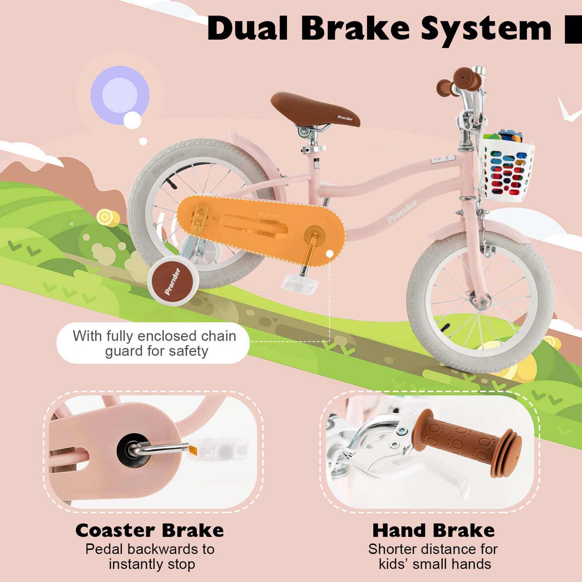 Dual Brake System

- With fully enclosed chain guard for safety
- Coaster Brake: Pedal backwards to instantly stop
- Hand Brake: Shorter distance for kids' small hands