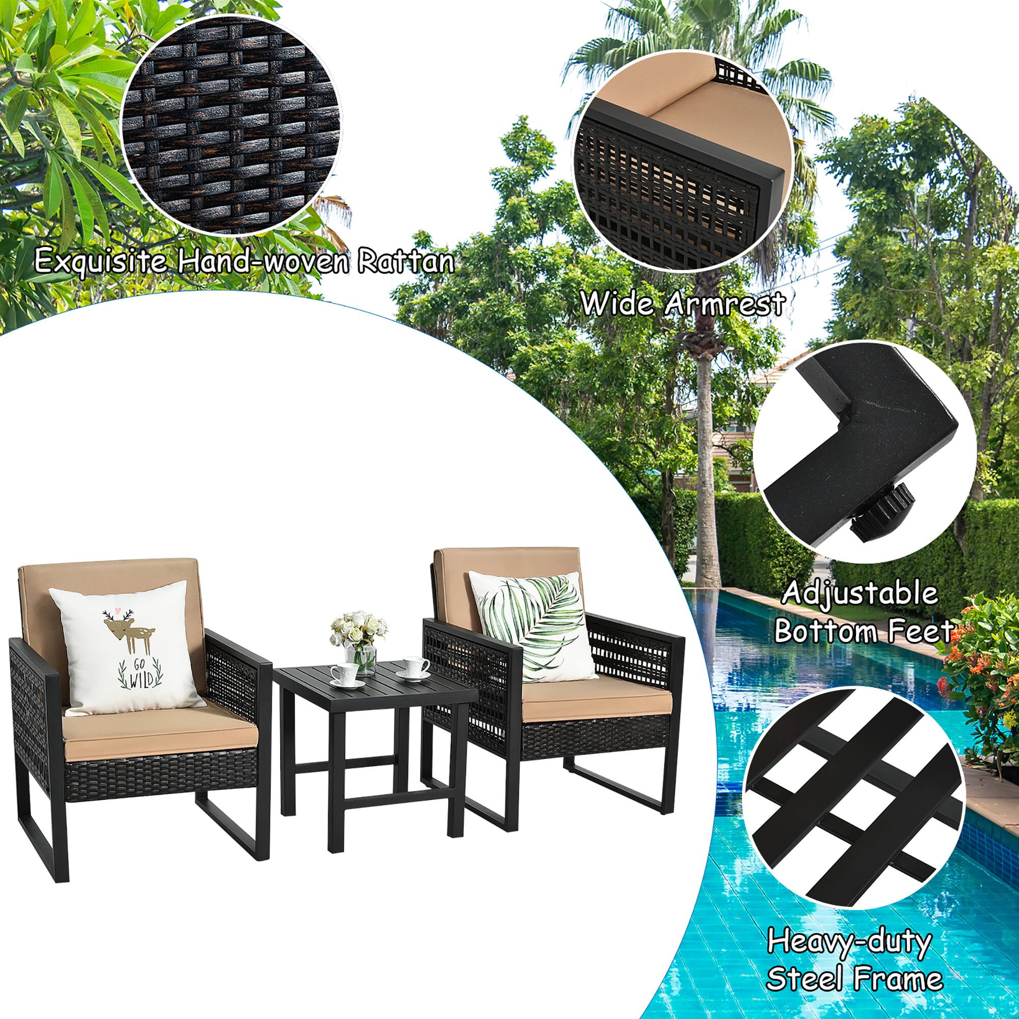 Exquisite Hand-woven Rattan, Wide Armrest, Adjustable Bottom Feet, Heavy-duty Steel Frame