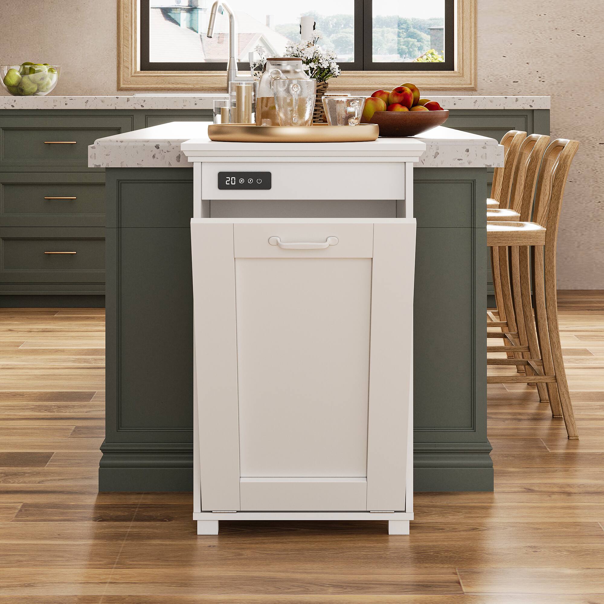 Famapy - 10 Gallon Tilt-Out Kitchen Trash Cabinet with Ozone Odor Control, Hidden Garbage Bin Storage, Wooden Deodorizing Cabinet - White