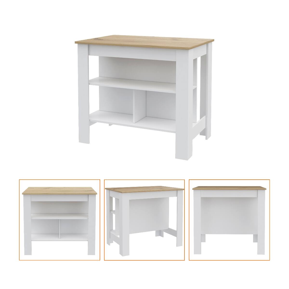 Alt View 1. Loheer - Loheer White and Light Oak Kitchen Island with Three Storage Shelves - White / Light Oak.