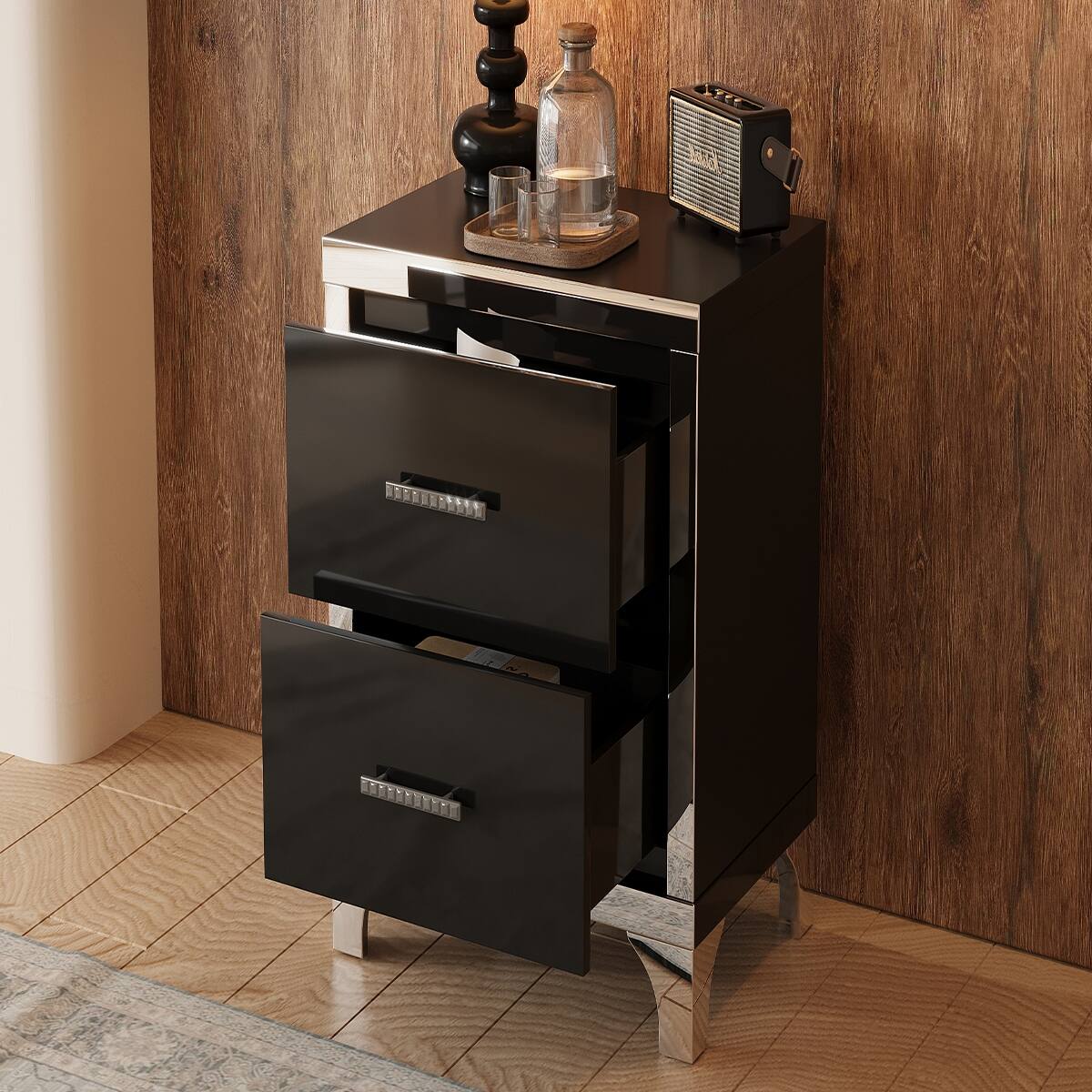 Alt View 6. Loheer - Loheer Black Two Drawer Nightstand, High Gloss Mirrored Bedside Table - Black.