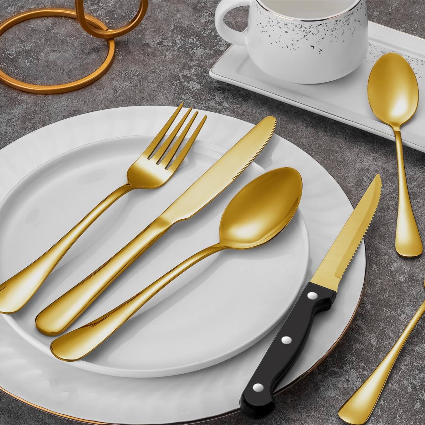 Left. Dazzed Corner - 72 Pcs Gold Silverware Set with Steak Knives, Stainless Steel Flatware Set Service for 12 - NYXRY2M.