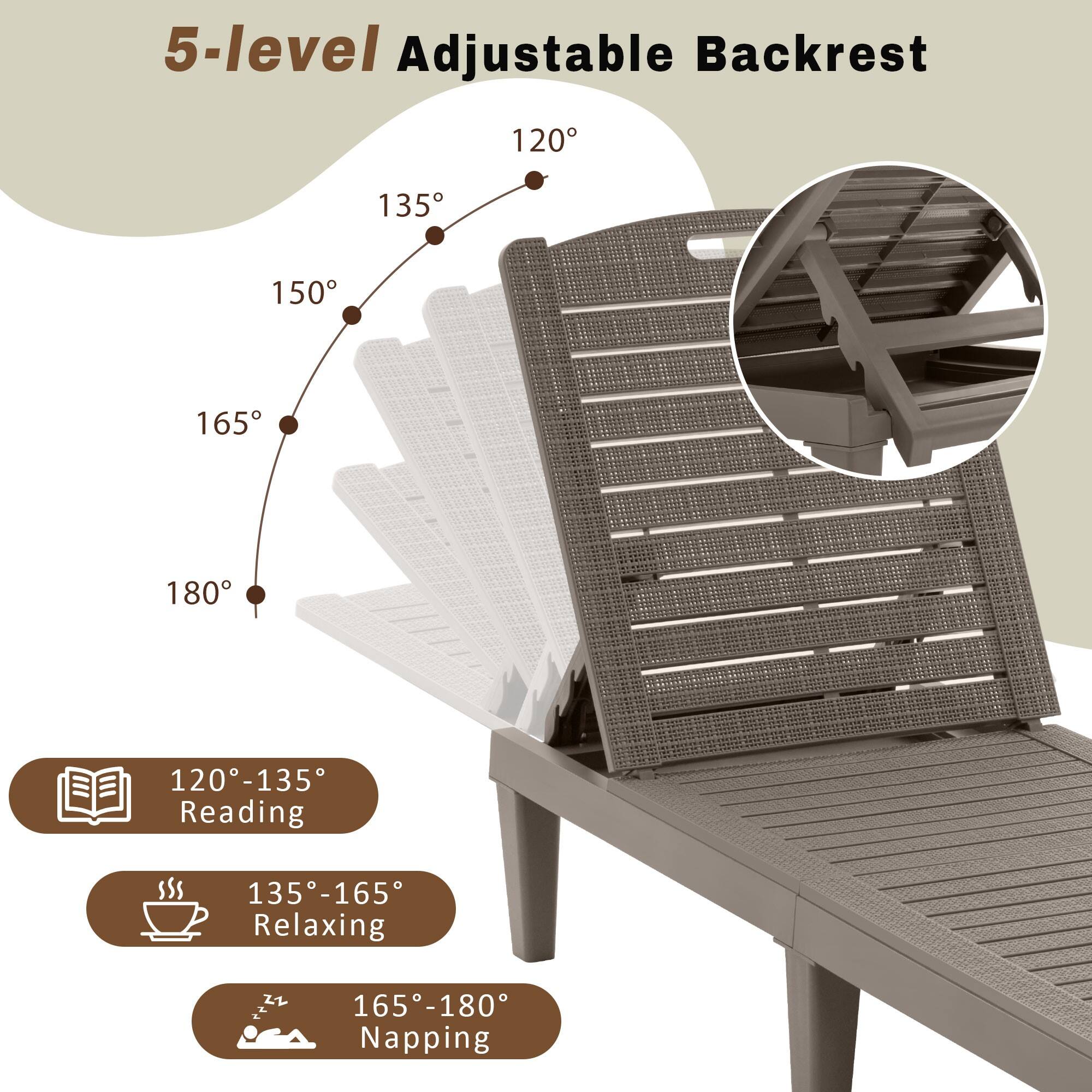 5-level Adjustable Backrest

120° - 135° Reading  
135° - 165° Relaxing  
165° - 180° Napping