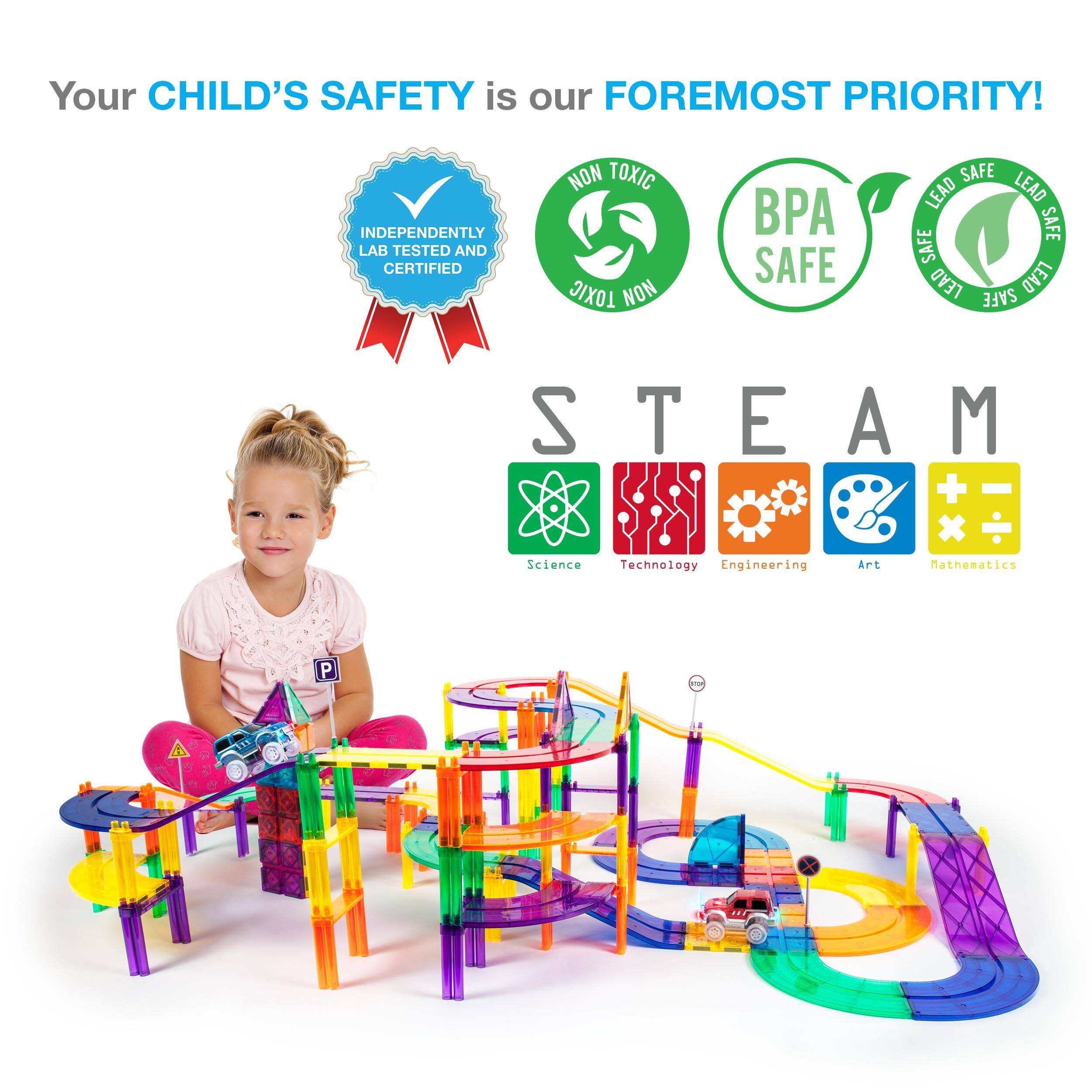 Your CHILD'S SAFETY is our FOREMOST PRIORITY! INDEPENDENTLY LAB TESTED AND CERTIFIED NON TOXIC BPA SAFE LEAD SAFE STEAM Science Technology Engineering Art Mathematics P