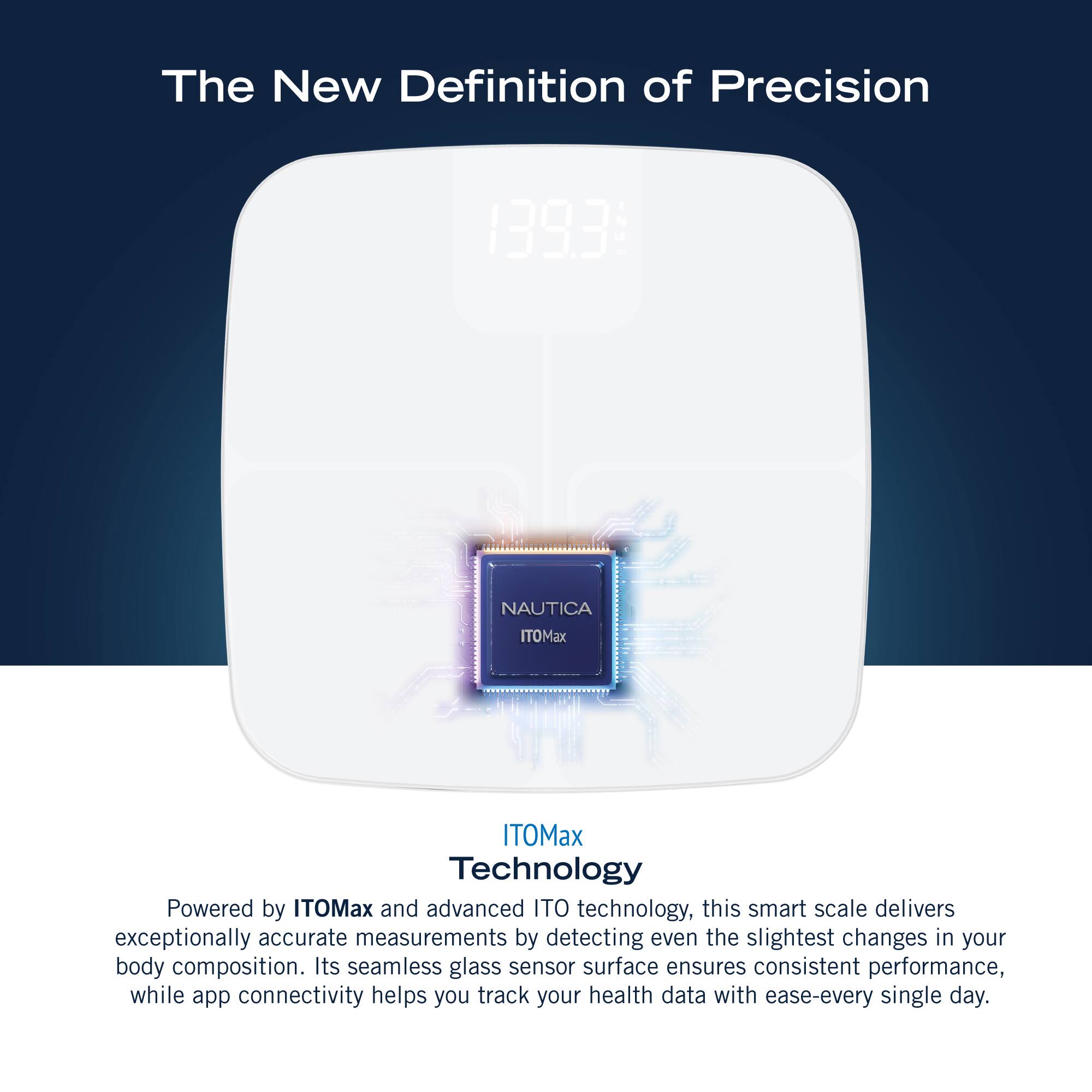 The New Definition of Precision 1393 | NAUTICA ITOMax ITOMax Technology Powered by ITOMax and advanced ITO technology, this smart scale delivers exceptionally accurate measurements by detecting even the slightest changes in your body composition. Its seamless glass sensor surface ensures consistent performance, while app connectivity helps you track your health data with ease-every single day.