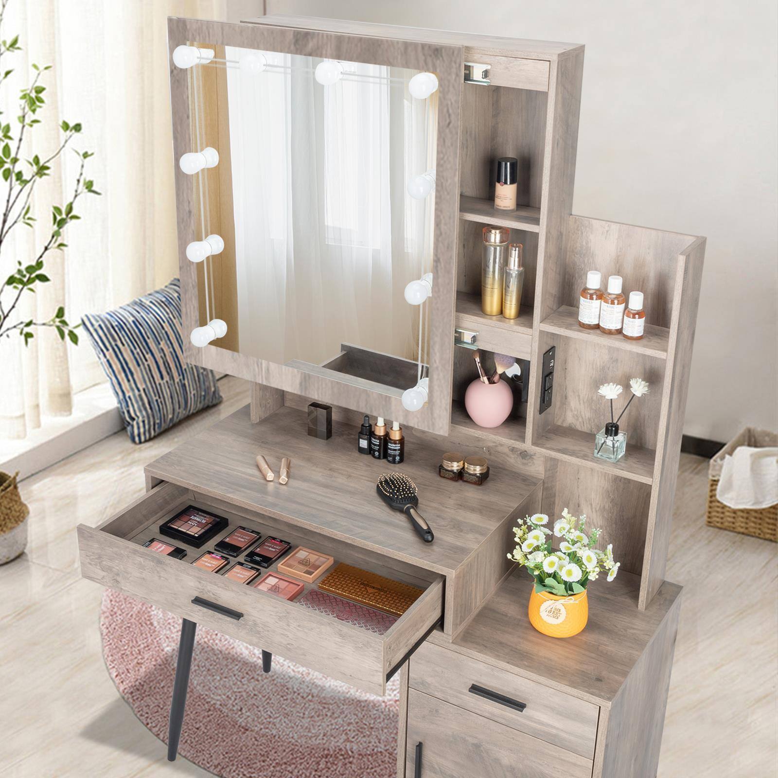 Alt View 1. Winado - Farmhouse Vanity Makeup Desk Big Modern Makeup Table Set with Stool for Bedroom - Retro Gray.