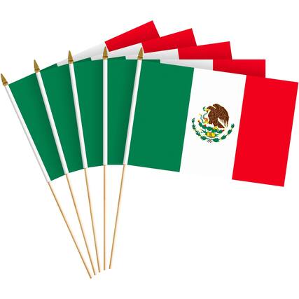 Front. G128 - 50-Pack Handheld Mexico Flags, 8 x 12 in, 150D Polyester with Wooden Stick and Gold Spear Tip. - Assorted Colors.