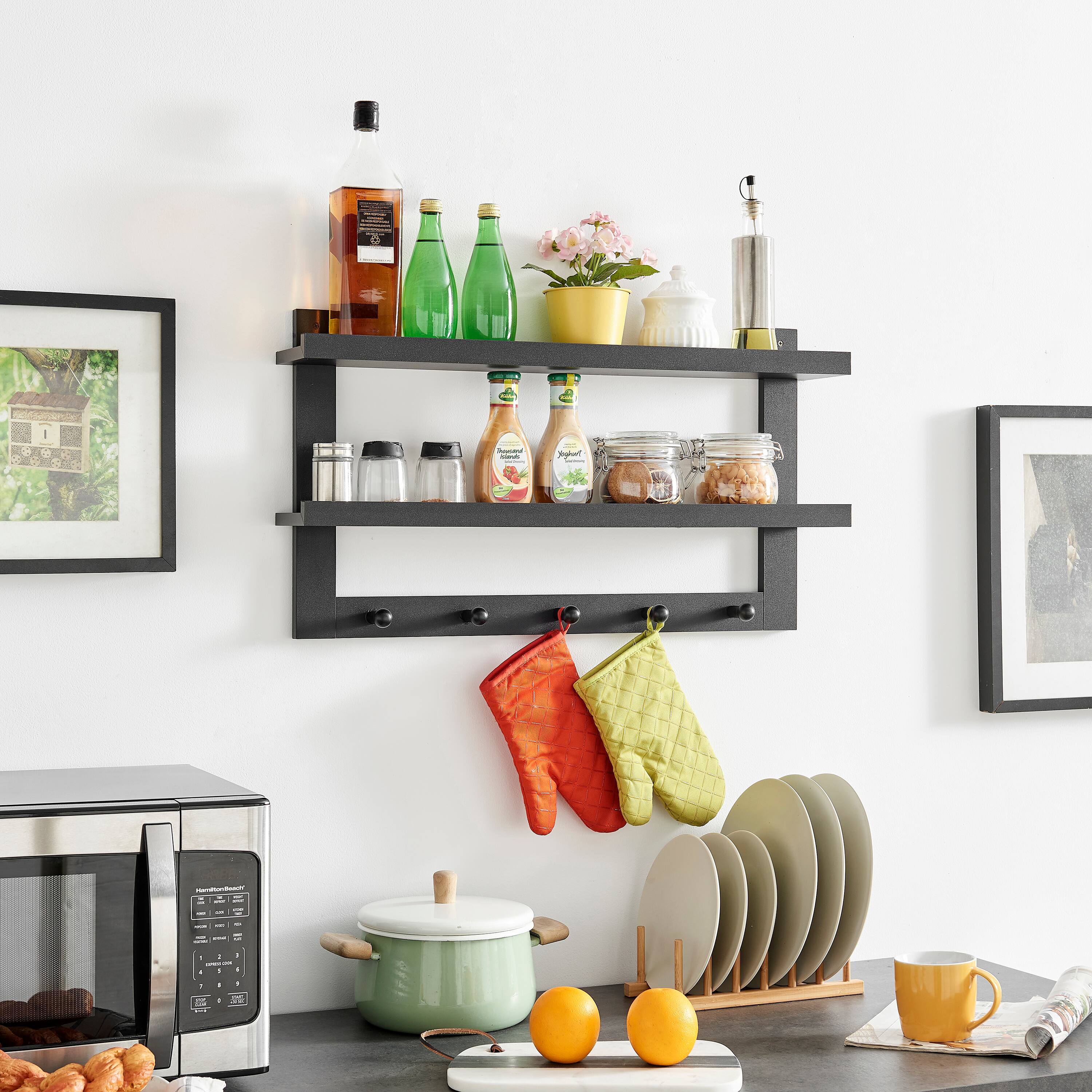 Alt View 2. Danya B - Two-Tier Ledge Shelf Wall Organizer with Five Hanging Hooks - Black - Black.