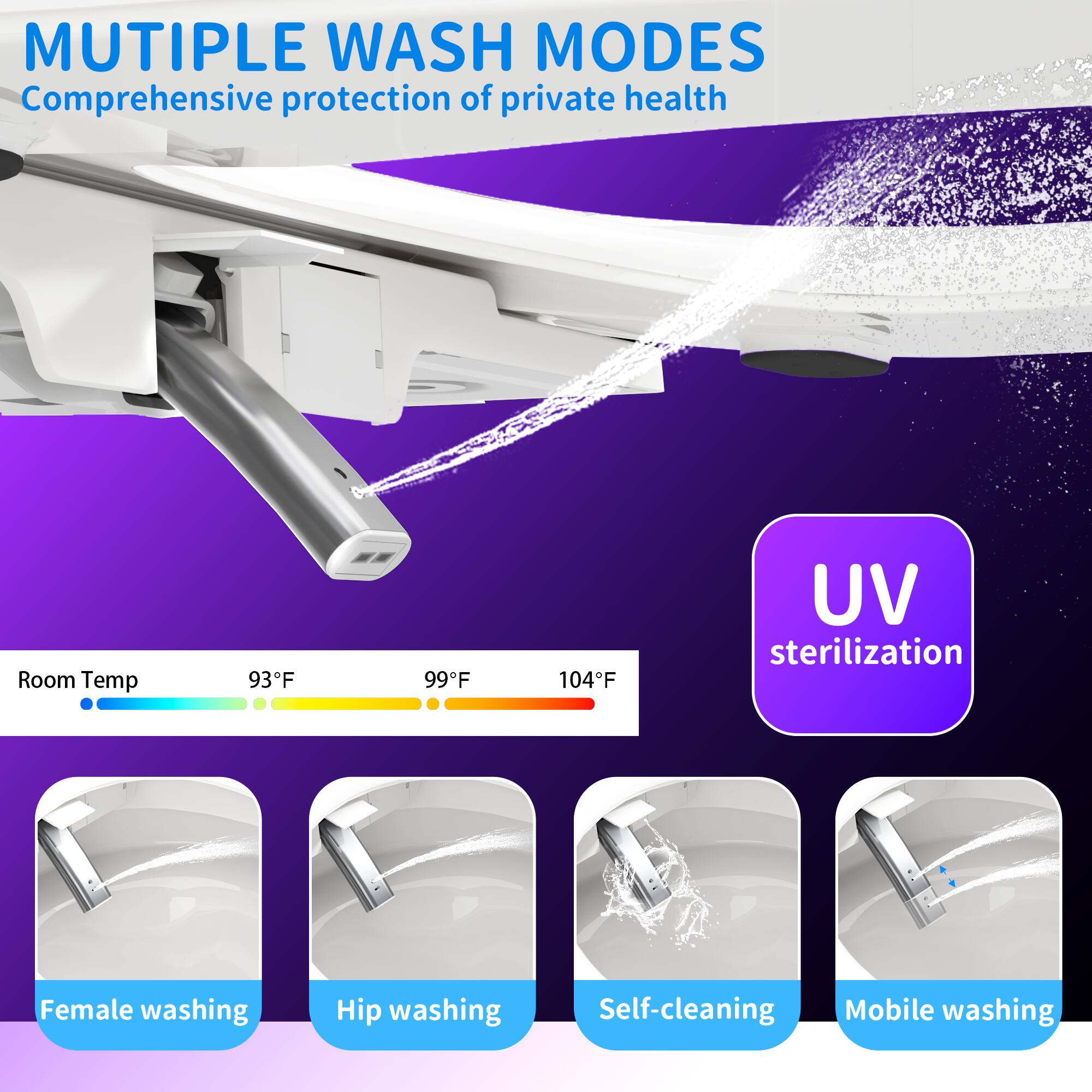 MUTIPLE WASH MODES  
Comprehensive protection of private health  

Room Temp: 93°F, 99°F, 104°F  
UV sterilization  

Female washing  
Hip washing  
Self-cleaning  
Mobile washing