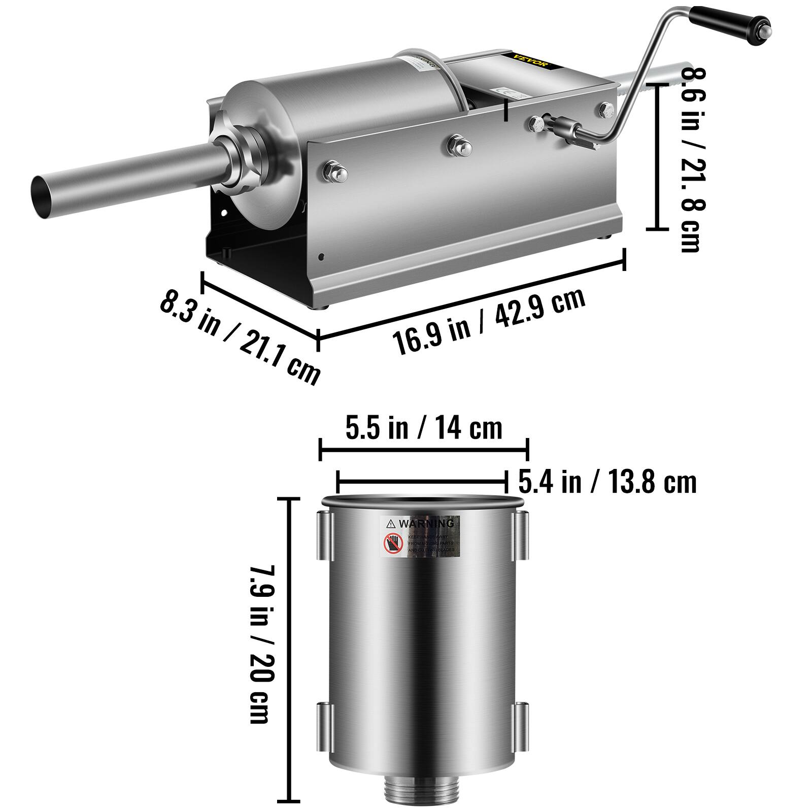 8.3 in / 21.1 cm  
16.9 in / 42.9 cm  
8.6 in / 21.8 cm  
5.5 in / 14 cm  
5.4 in / 13.8 cm  
7.9 in / 20 cm  

WARNING