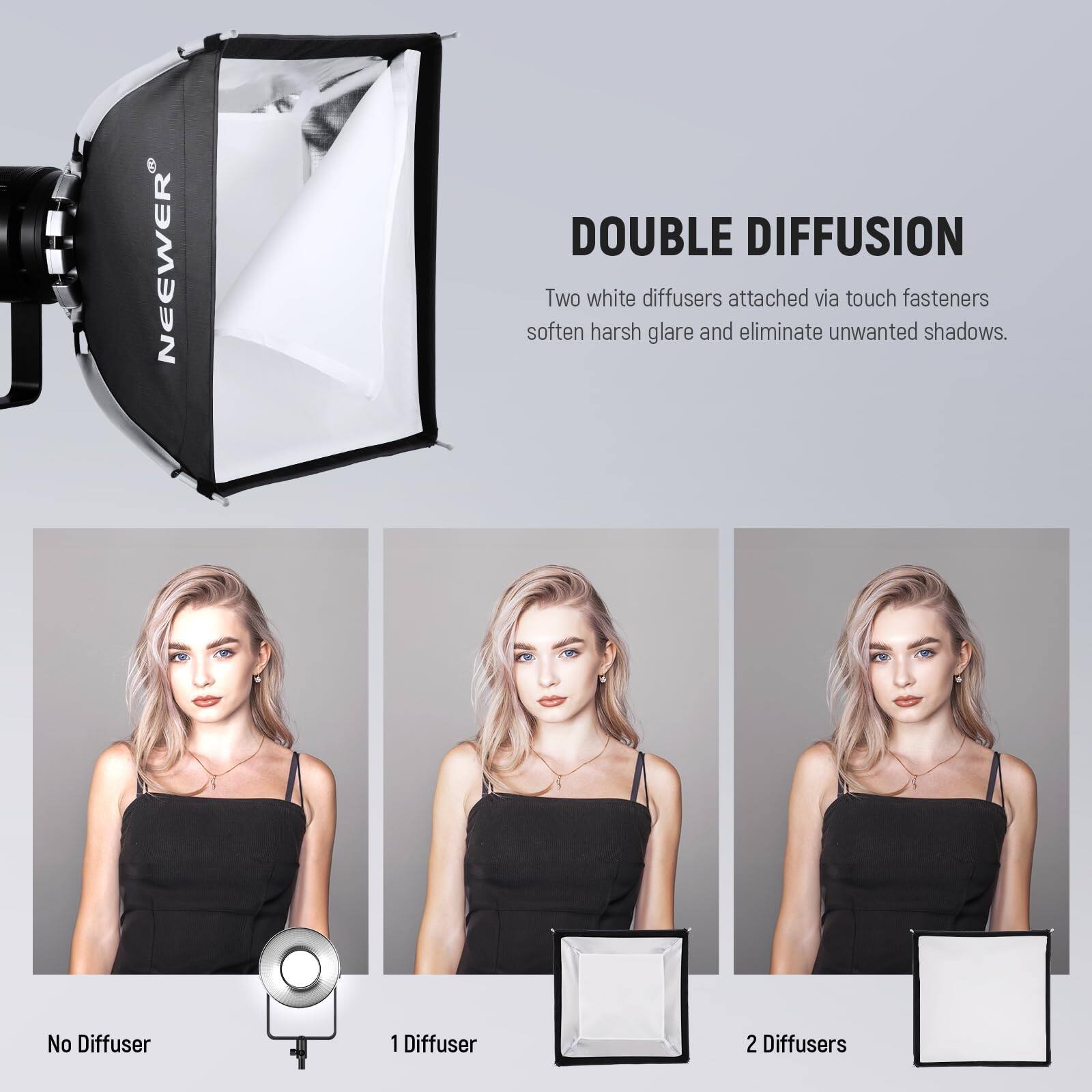 NEEWER DOUBLE DIFFUSION  
Two white diffusers attached via touch fasteners soften harsh glare and eliminate unwanted shadows.  

No Diffuser  
1 Diffuser  
2 Diffusers
