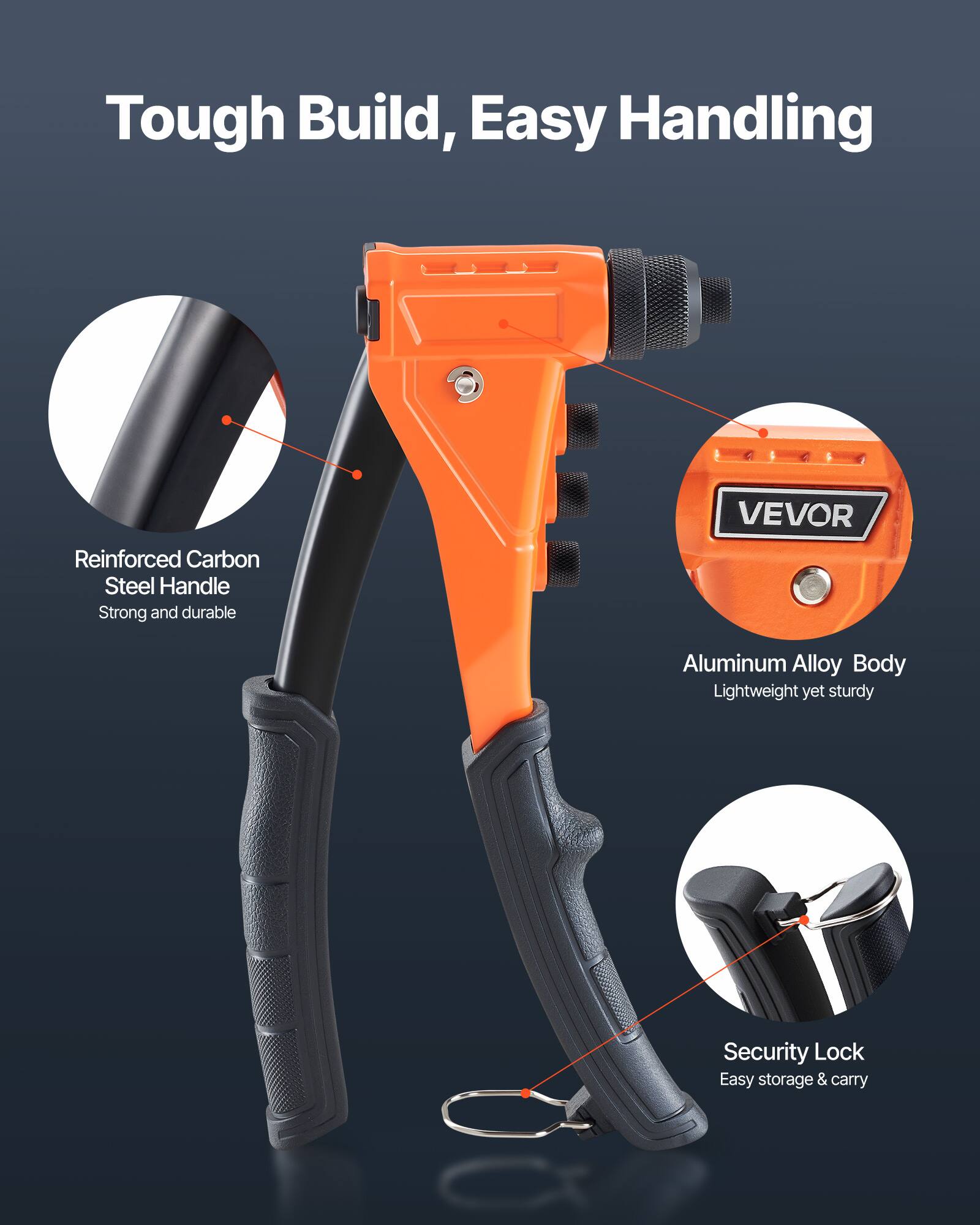 Tough Build, Easy Handling

- Reinforced Carbon Steel Handle
  - Strong and durable
- Aluminum Alloy Body
  - Lightweight yet sturdy
- Security Lock
  - Easy storage & carry