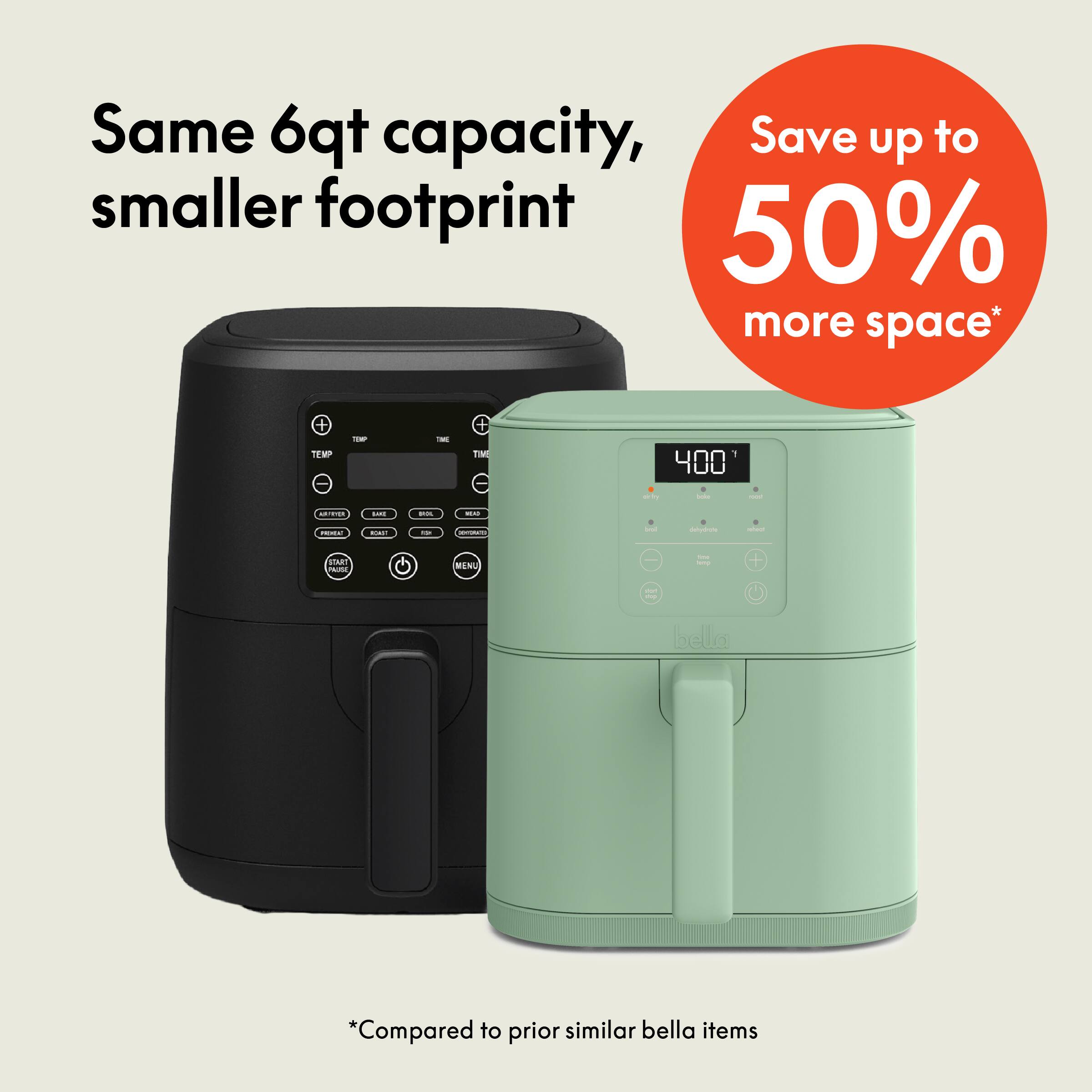 Same 6qt capacity, smaller footprint, Save up to 50% more space* + T - i - THME 1 400 - - CEN -- - - - - - - - - - STANT  DNL - - = bella *Compared to prior similar bella items