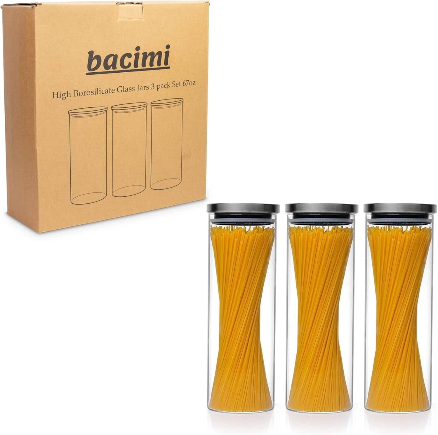 Bacimi - 3-Pack Airtight 3mm thick Borosilicate Glass Food Storage Jars W/Stainless Steel Lids For Spaghetti, Pasta, Noodles67oz - Clear