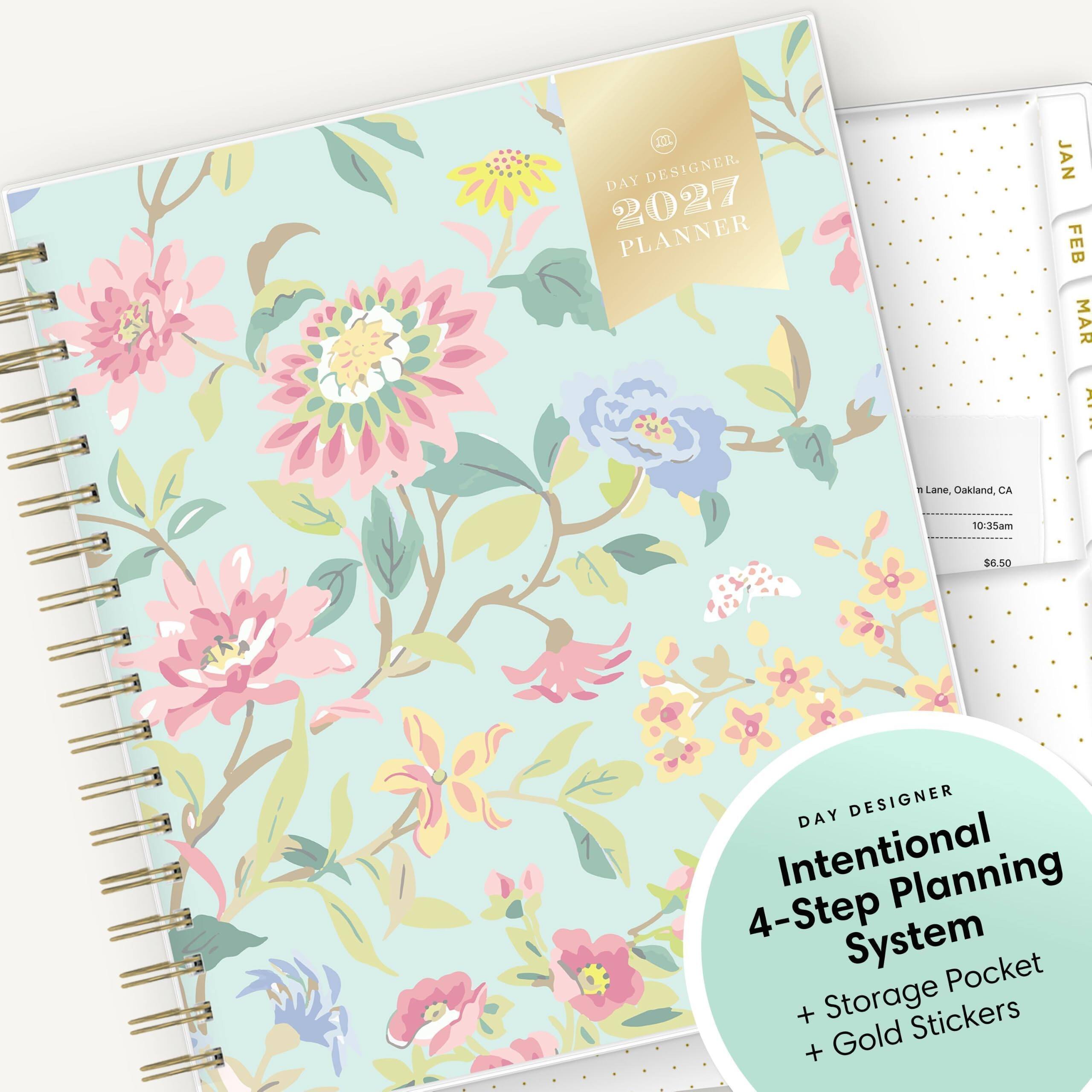 M DAY DESIGNER. 2027 PLANNER  
T Lane, Oakland, CA  
JAN FEB MAR  
10:35am  
$6.50  
DAY DESIGNER Intentional Planning 4-Step System Storage Pocket + Gold Stickers