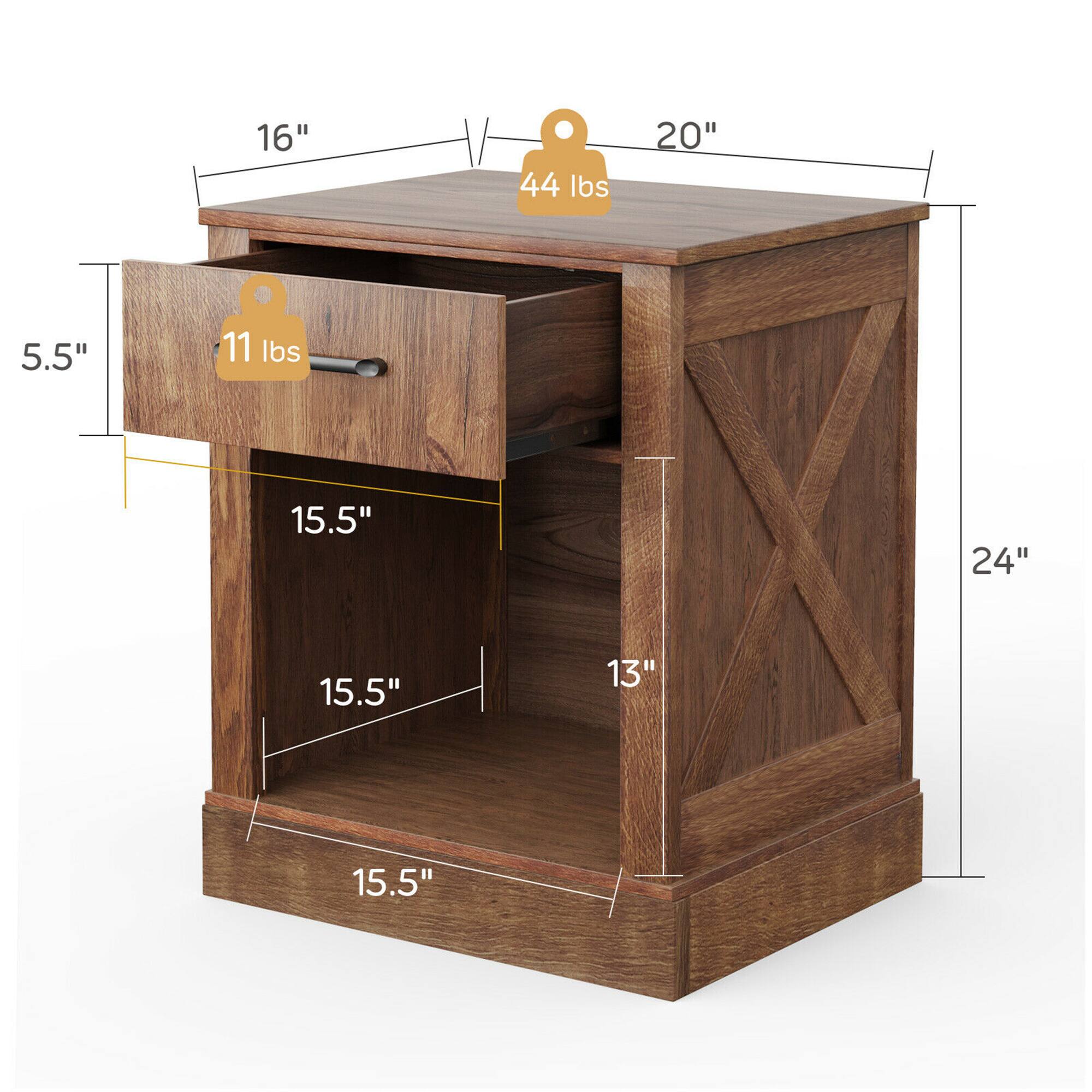 The corrected and grouped dimensions from the image are:

- Width: 20"
- Depth: 16"
- Height: 24"
- Drawer Height: 5.5"
- Drawer Weight Capacity: 11 lbs
- Shelf Height: 15.5"
- Shelf Weight Capacity: 44 lbs
- Overall Height: 15.5"