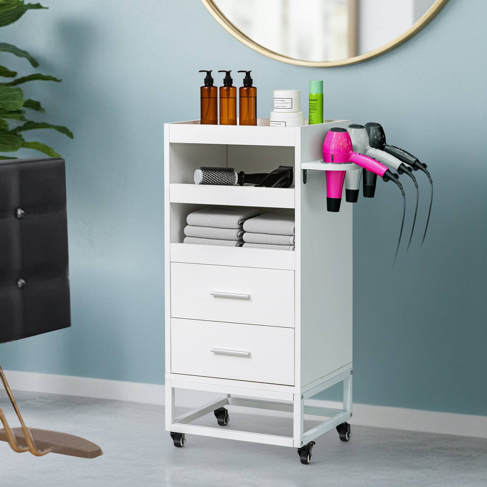 Alt View 6. Winado - Salon Trolley Cart Rolling Hair Cart with Lockable Wheels, Drawers, Ergonomic Handle, Hair Dryer Holder for Barbershop - White.