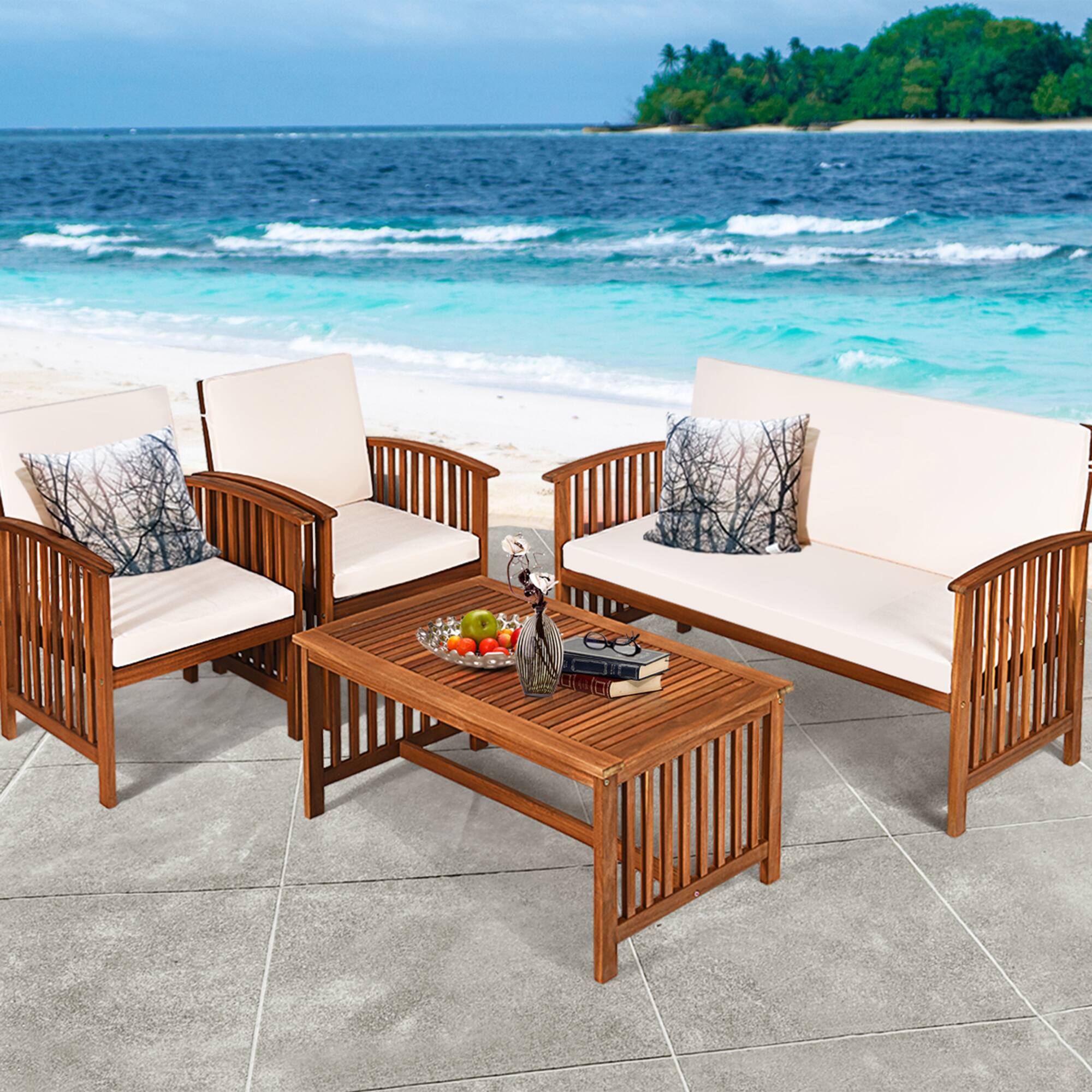 Alt View 1. Costway - Costway 4PCS Patio Solid Wood Furniture Set Conversation Coffee Table W/ Cushion - White,Natural.
