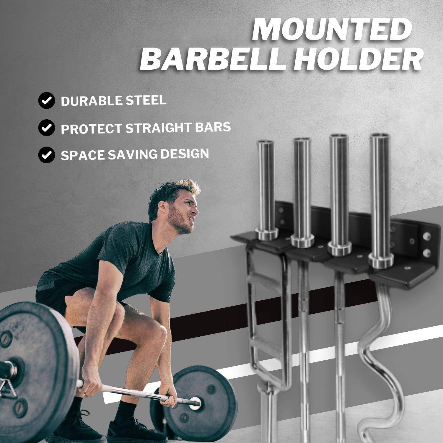 MOUNTED BARBELL HOLDER

- DURABLE STEEL
- PROTECT STRAIGHT BARS
- SPACE SAVING DESIGN